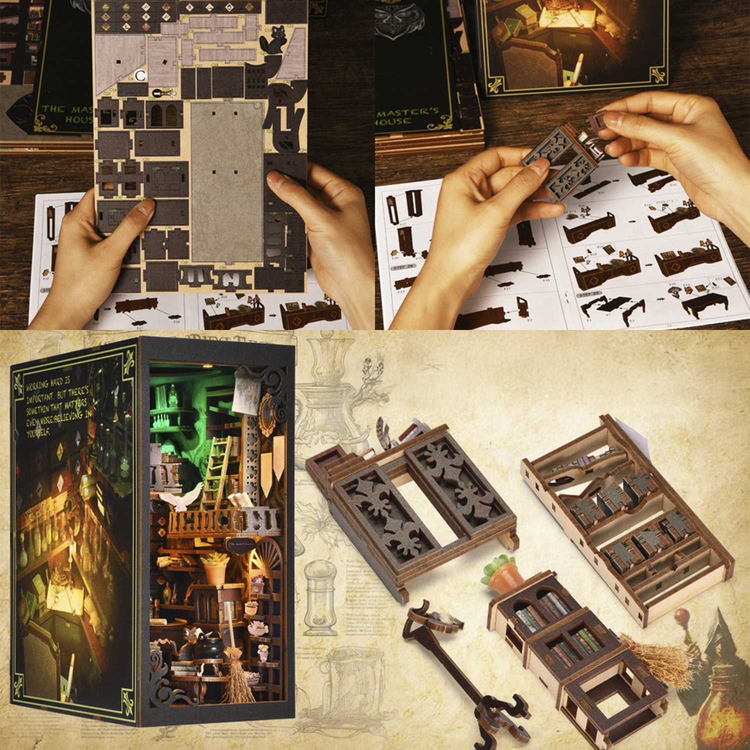 Collage di tre scene: Mani che costruiscono un modello, una casa modello dettagliata con illuminazione verde e parti in legno.