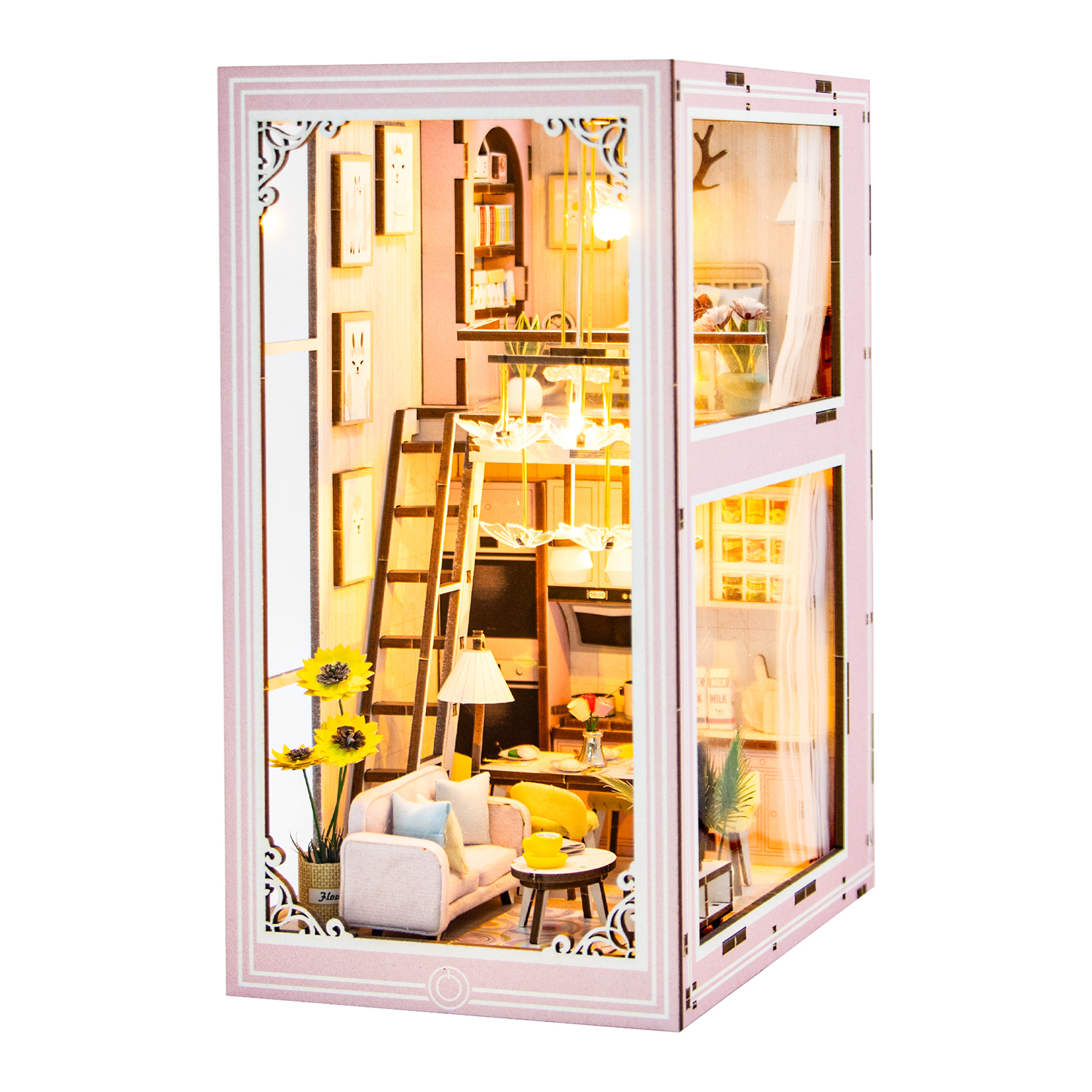 Una miniatura di casa delle bambole rosa con mobili, luci e decorazioni, dettagliata.