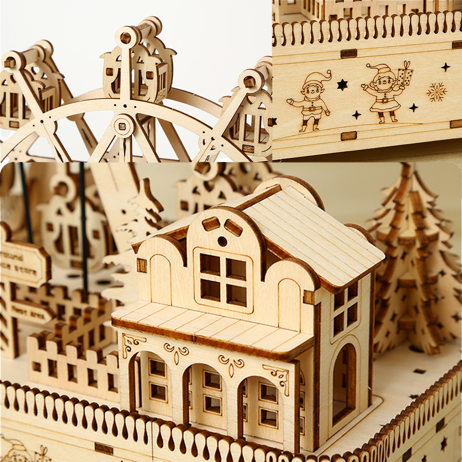 Un modello in legno di un mercato di Natale con ruota panoramica, case e alberi.
