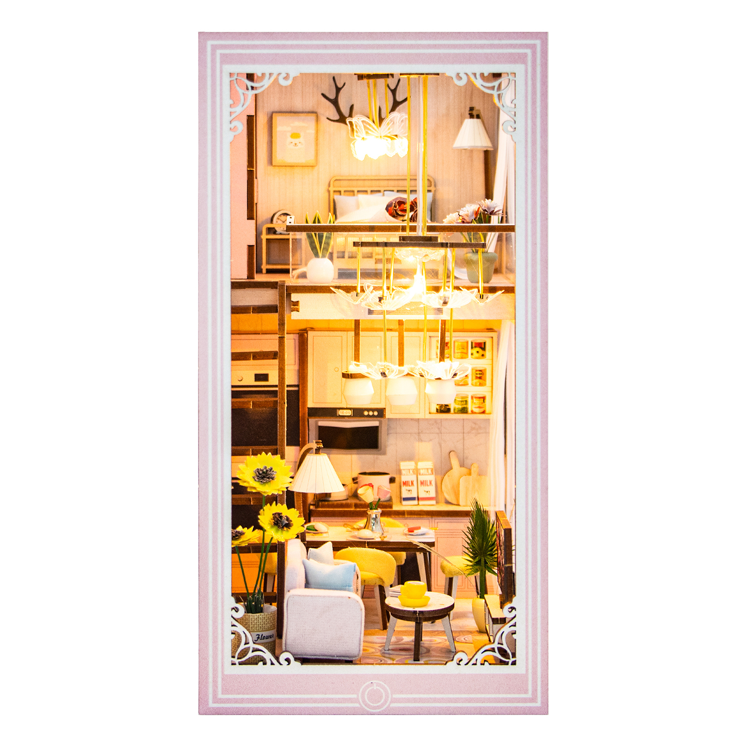 Un soggiorno in miniatura con letto, cucina e zona pranzo, illuminato.