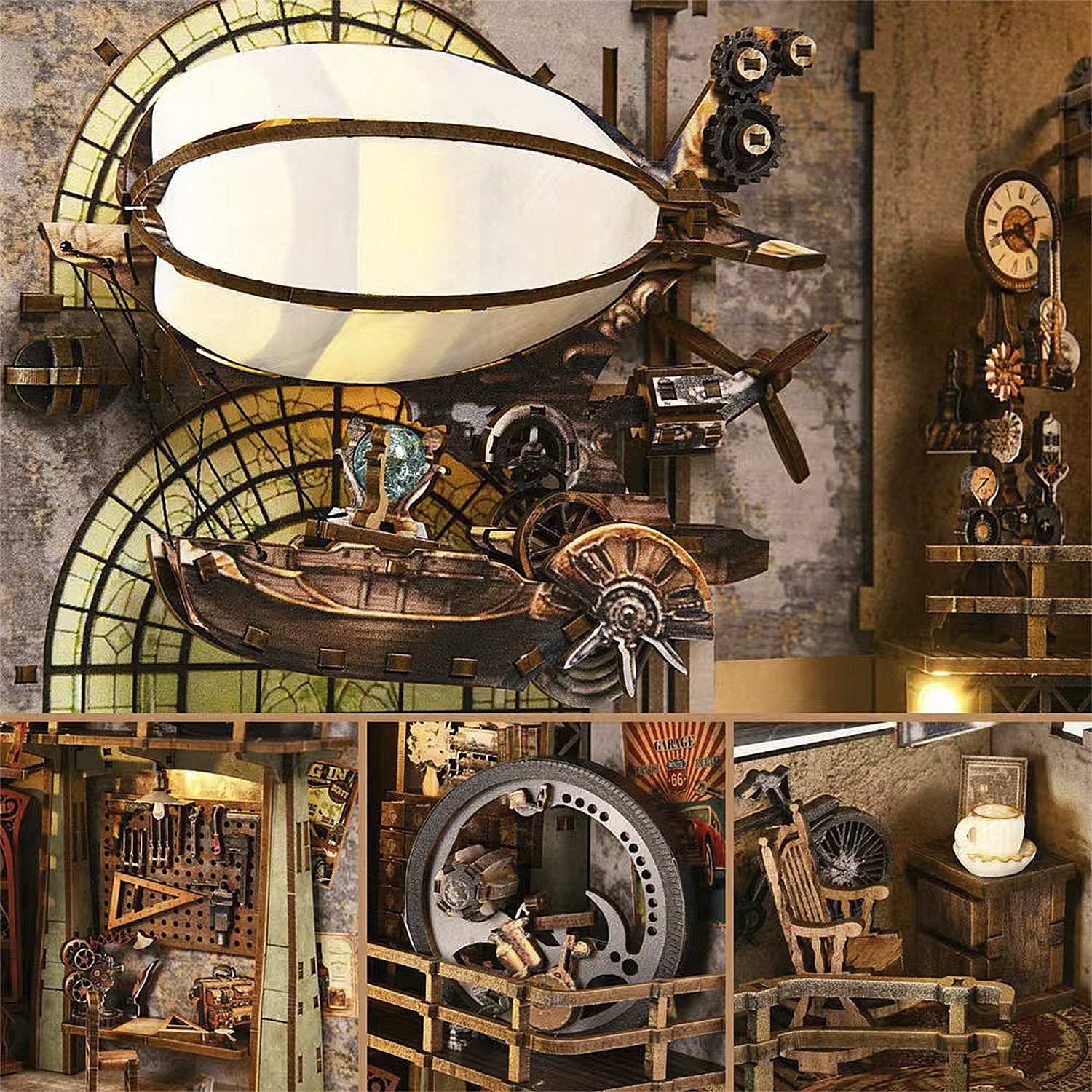 Collage Steampunk: dirigibile, officina, orologio, sedia e oggetti vintage.