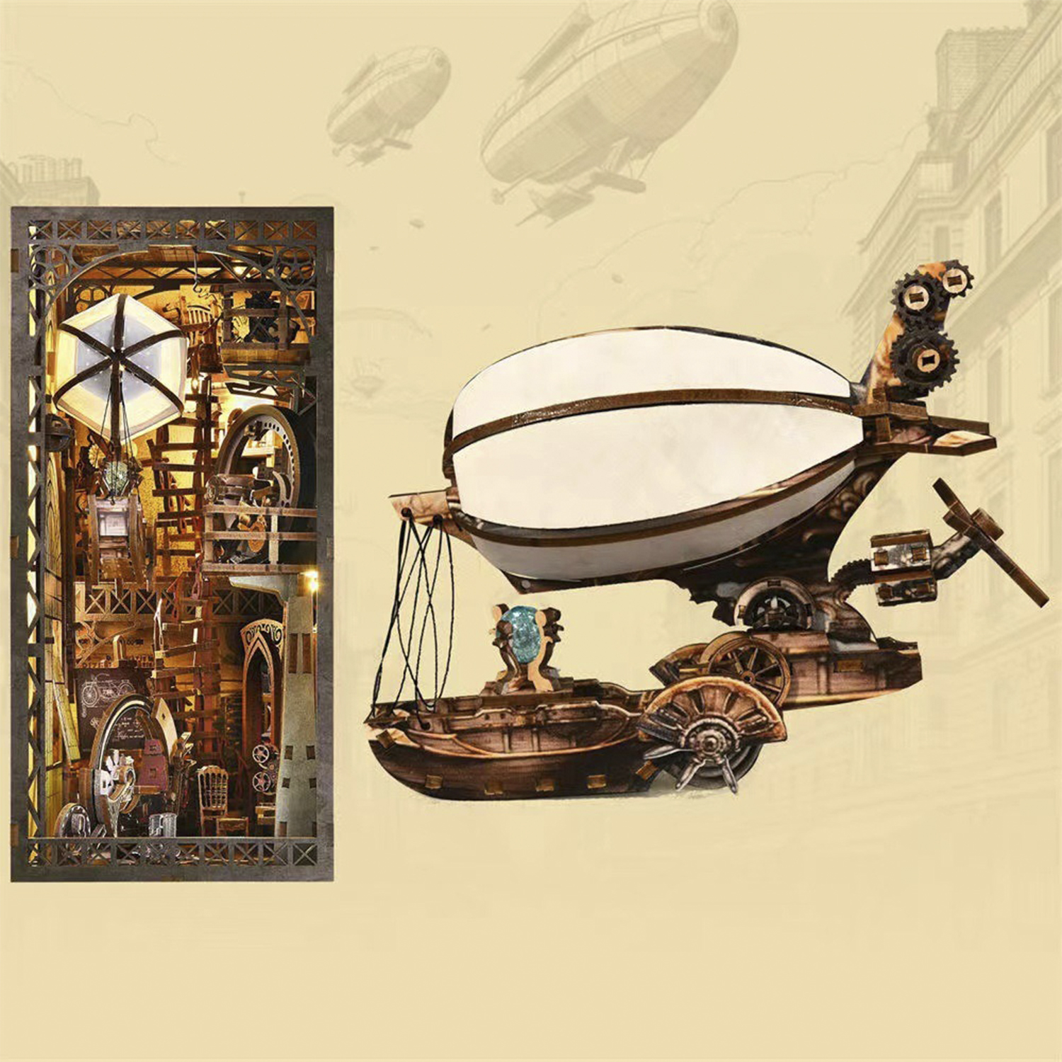 Modello steampunk dettagliato: angolo libro e dirigibile davanti agli edifici.