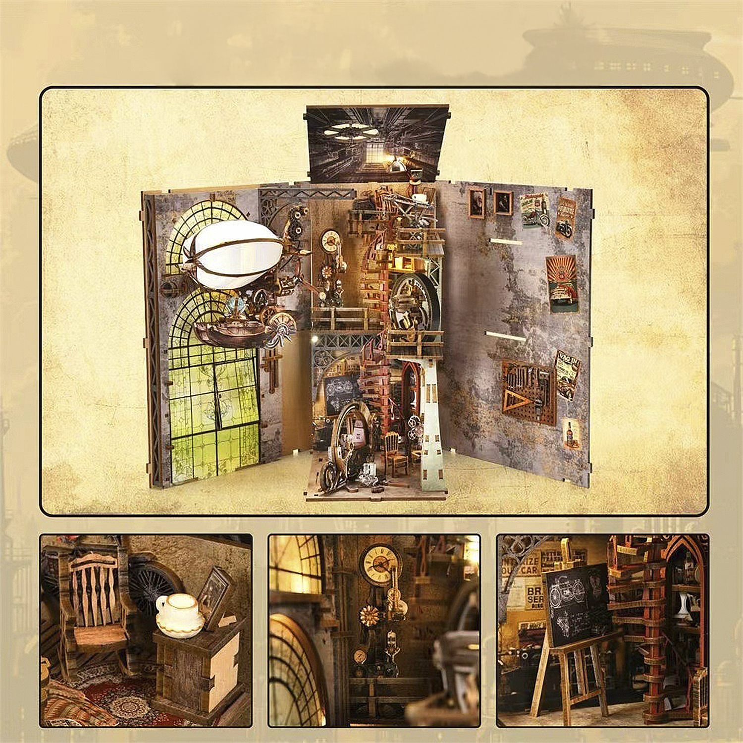 Dettagliata casa modello steampunk con dirigibile, ingranaggi e attrezzi.