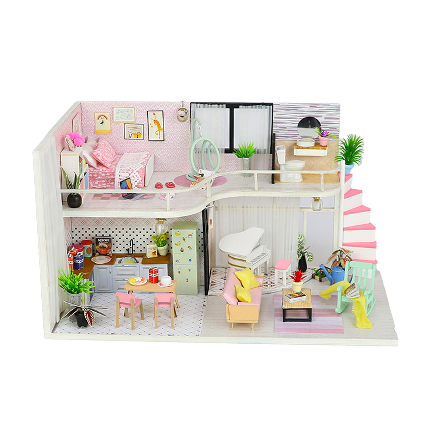 Casa delle bambole con camera da letto, cucina, bagno e soggiorno.