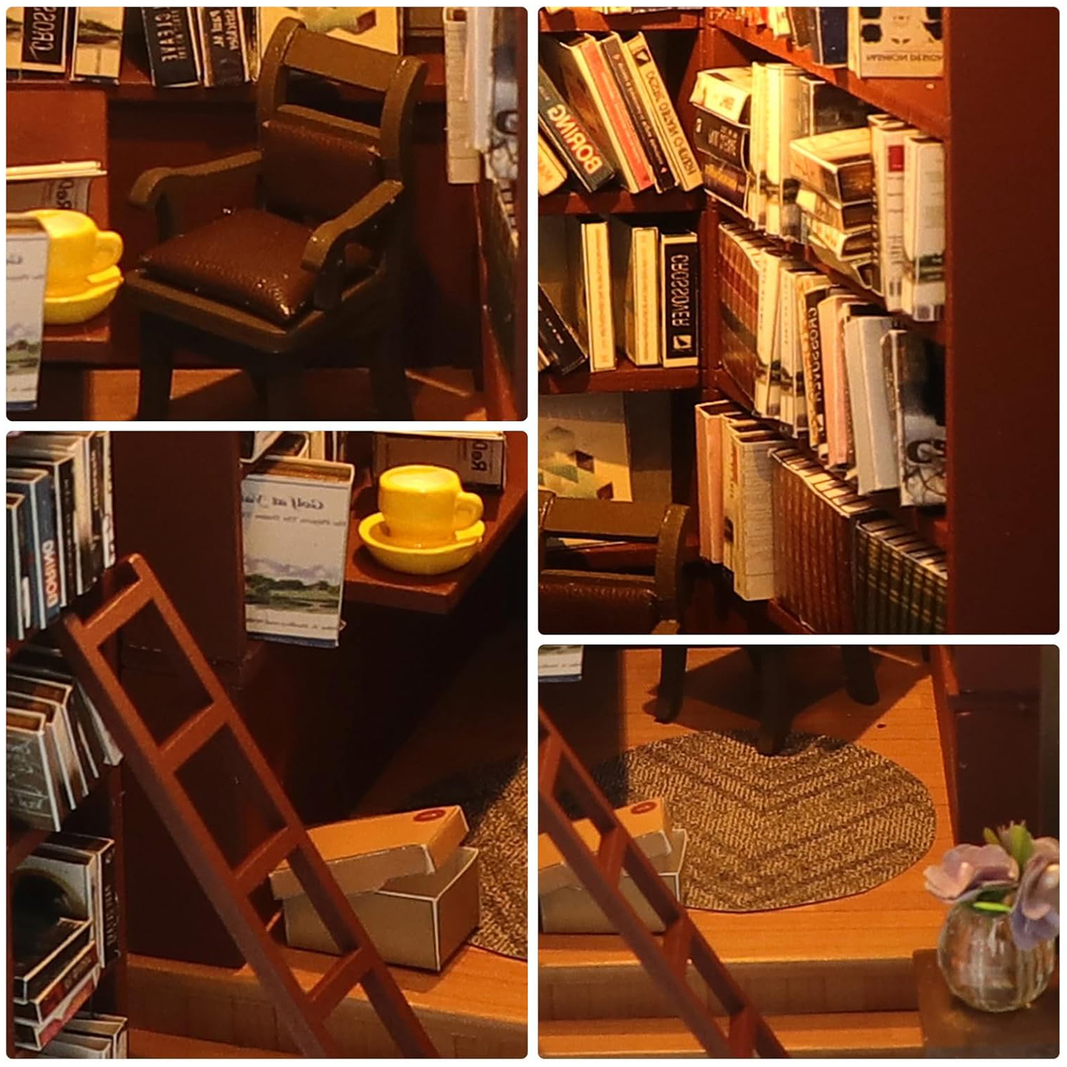 Libreria in miniatura con sedia, tazze e scala.