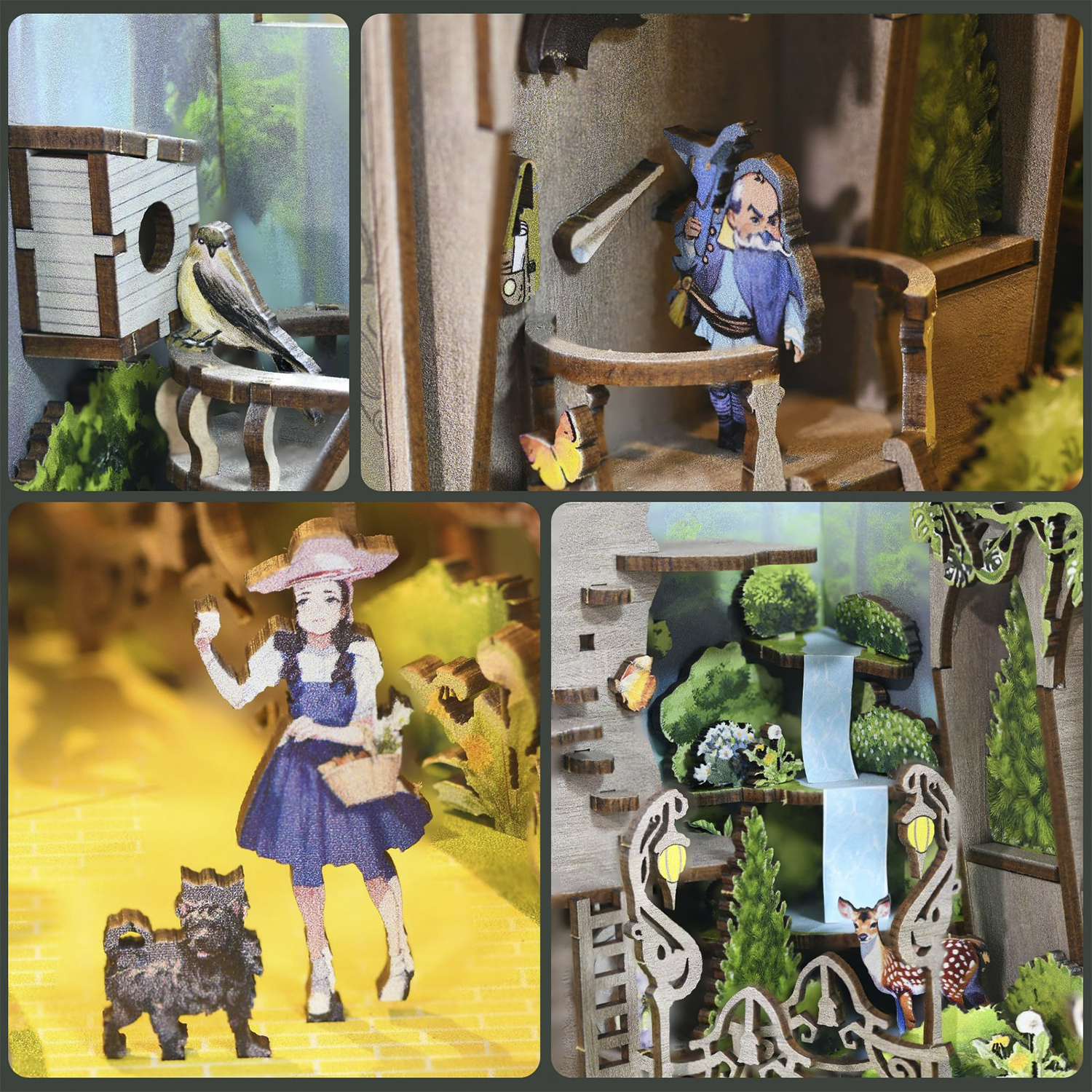 Un diorama di casetta per uccelli con uccello, mago, Dorothy e Toto, cervo e cascata.
