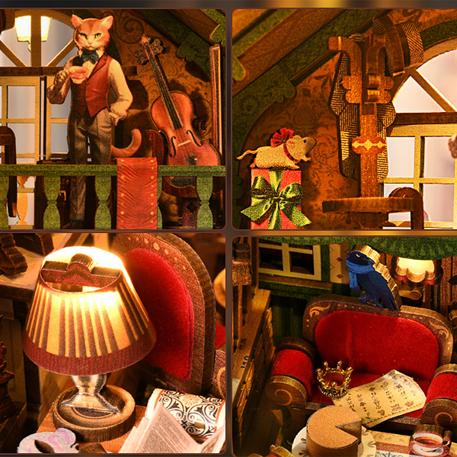 Scena in miniatura con gatto, violino, topo, regalo, lampada, uccello, divano e torta.