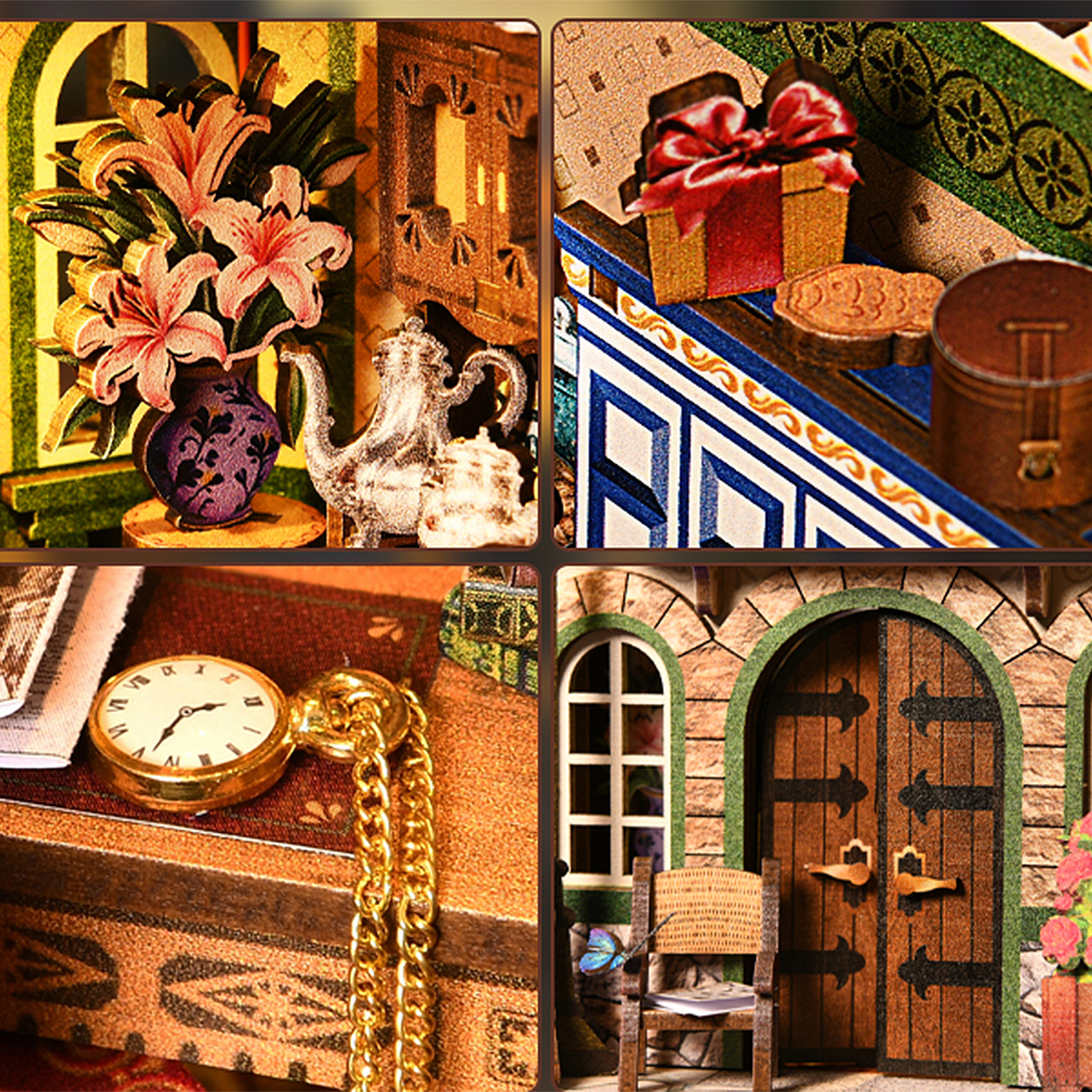 Scena in miniatura con fiori, teiera, scatola regalo, orologio e porta.
