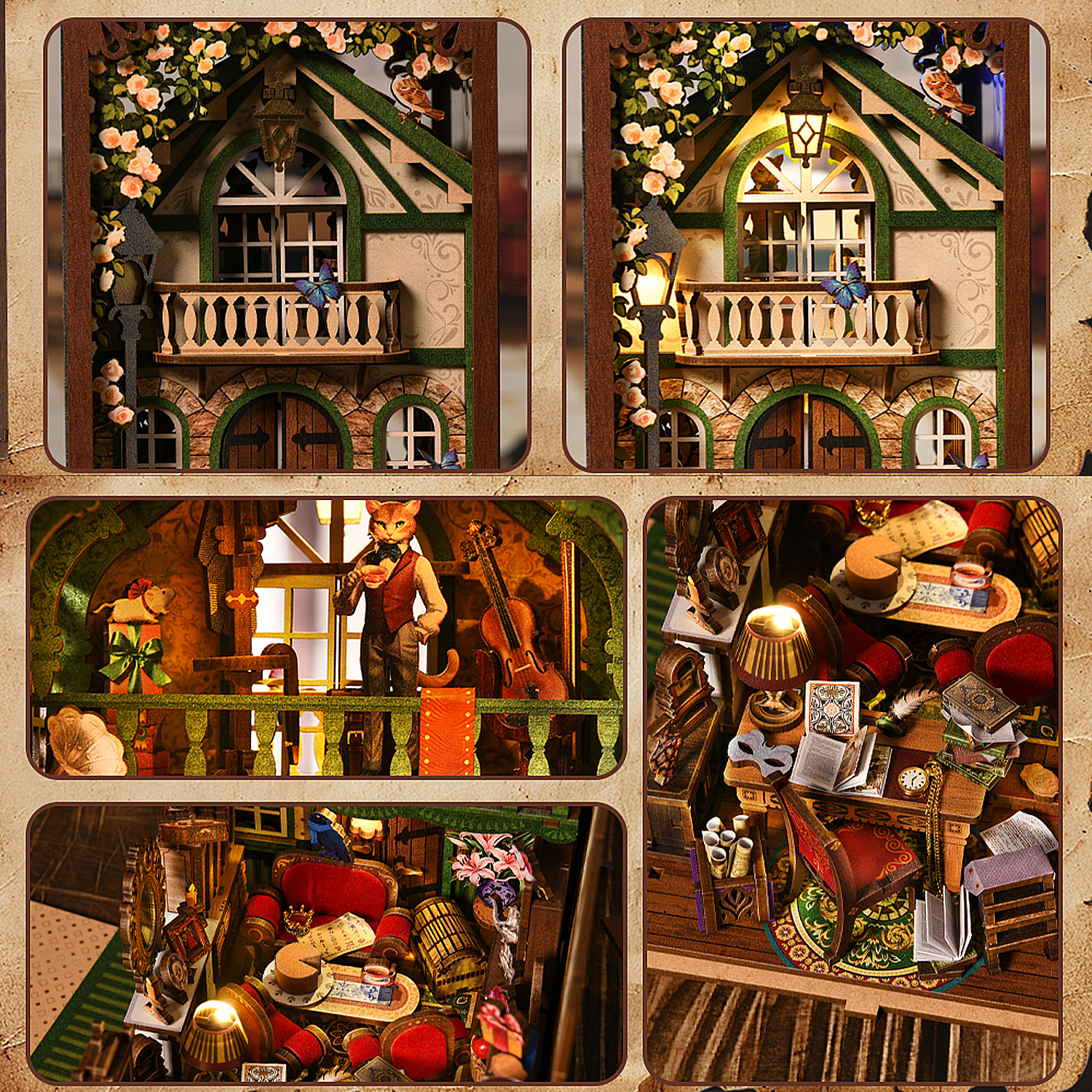 Case in miniatura con scene dettagliate, fiori e animali.
