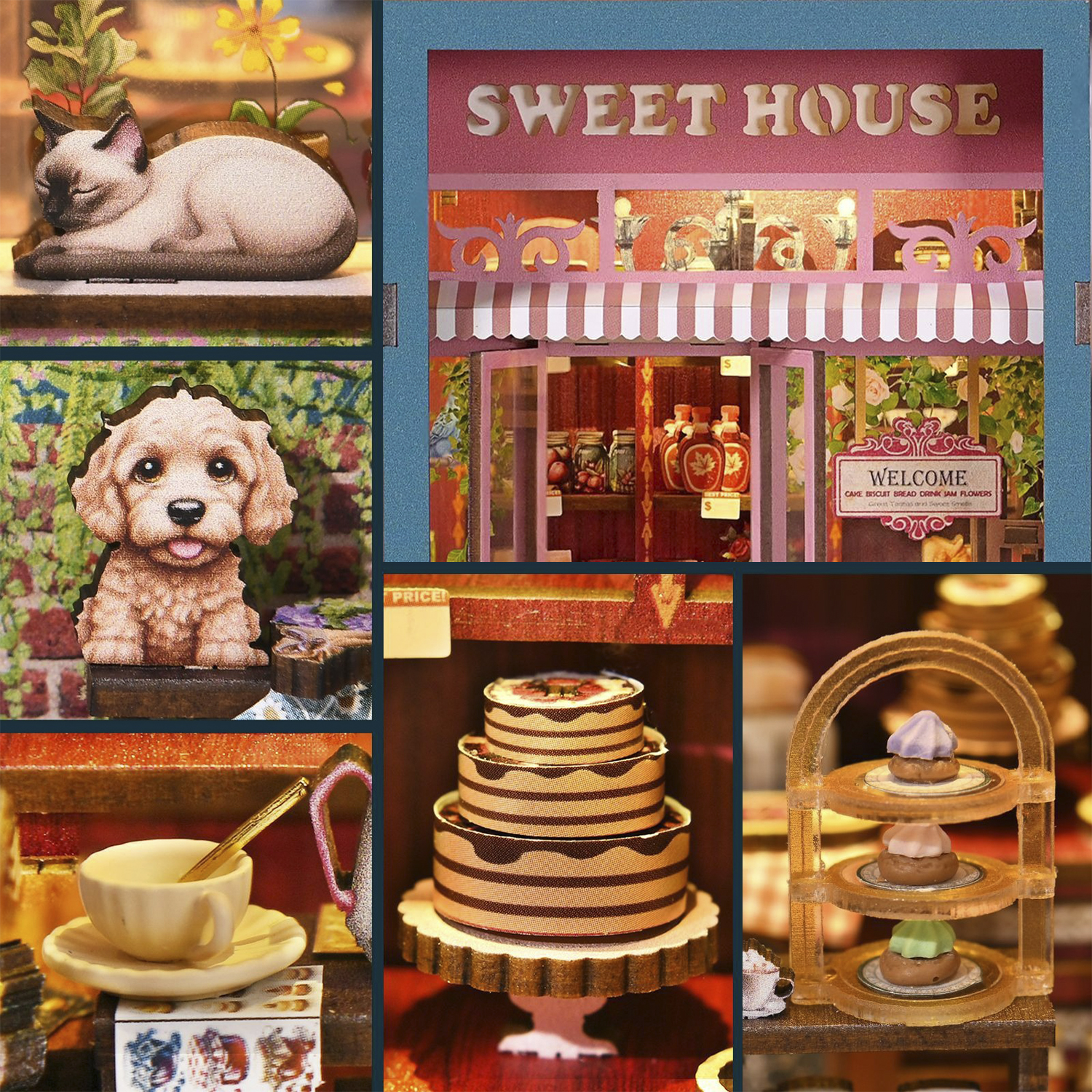 Scena in miniatura con un gatto, un cane, un negozio di dolci e pasticcini.