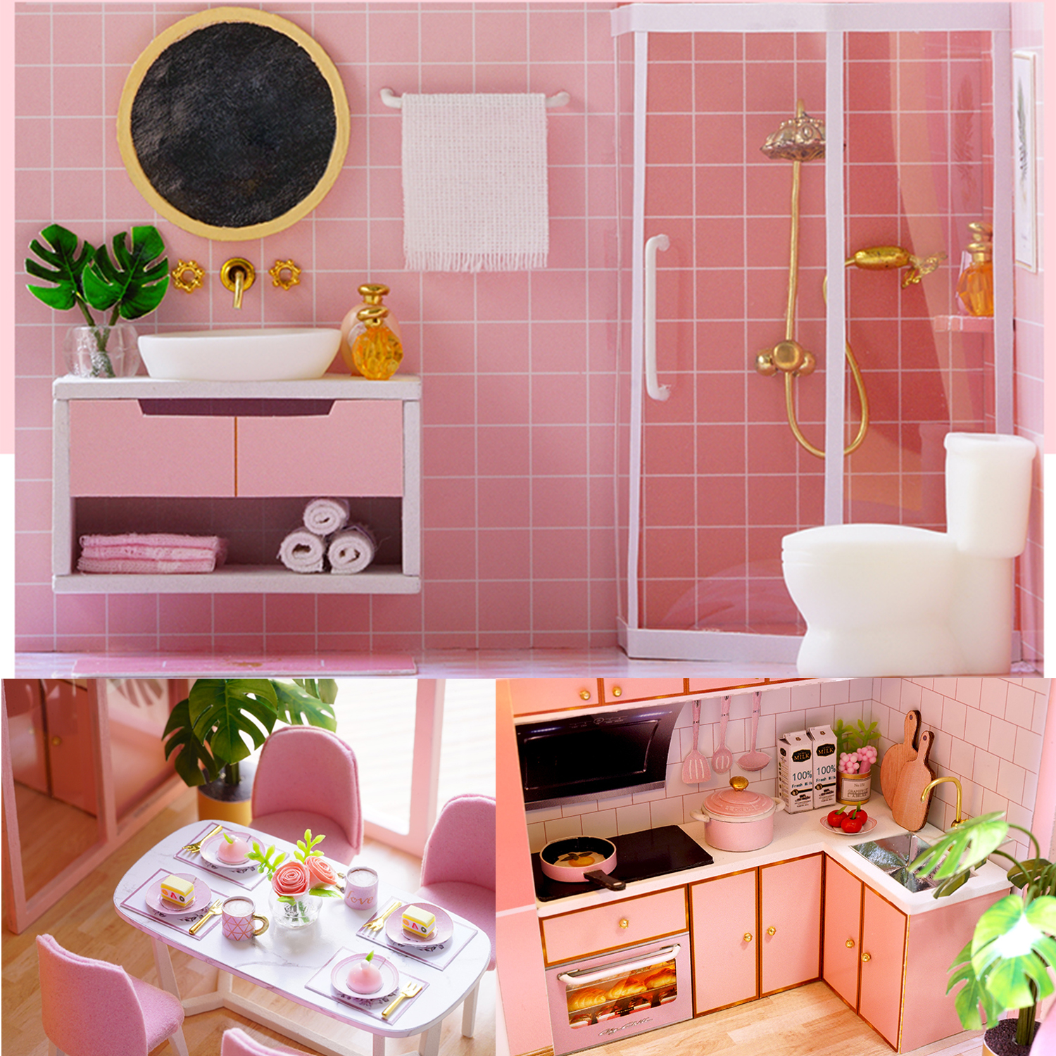Una cucina e bagno di casa delle bambole rosa con zona pranzo. Forno, lavello, fornello, doccia, WC, lavandino.
