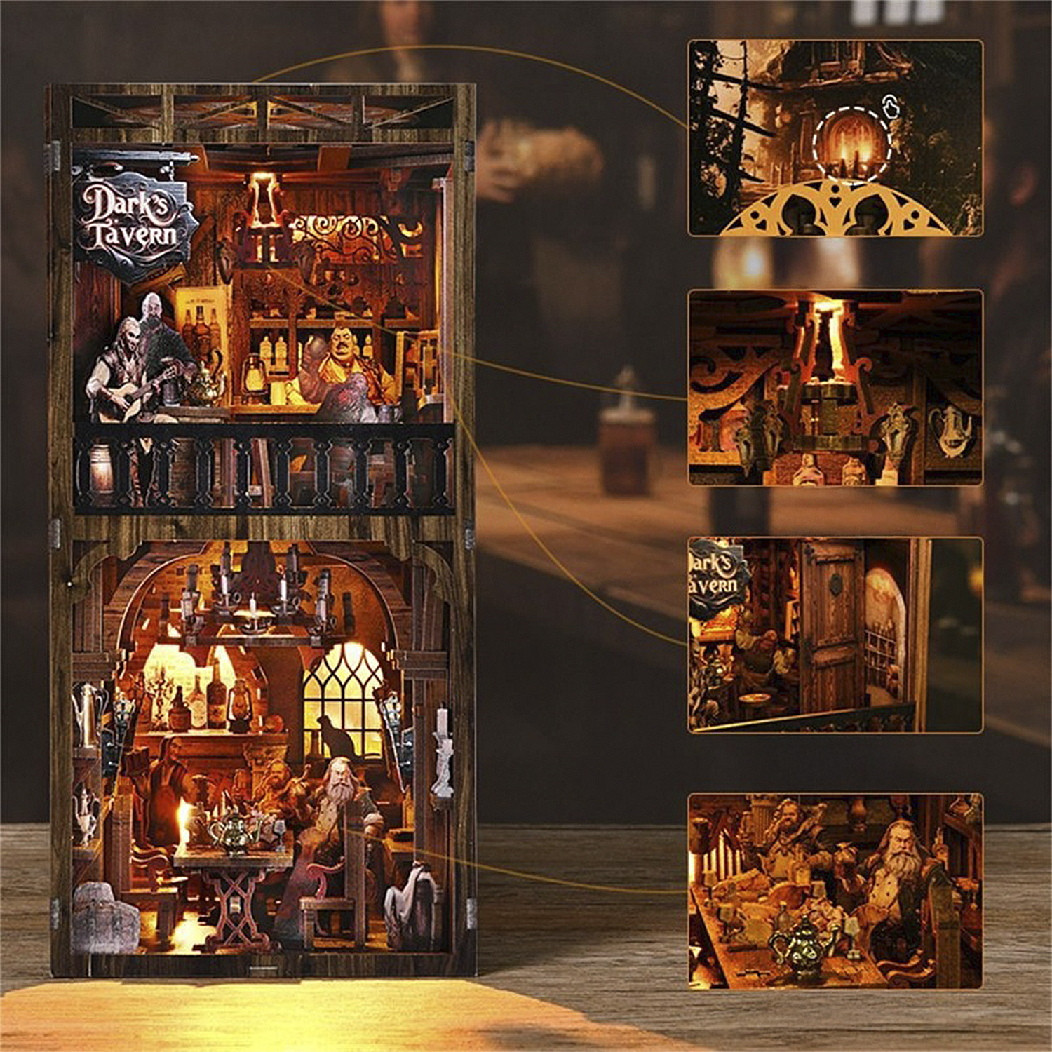 Una taverna in miniatura con figure che suonano e bevono, dettagliata e illuminata.