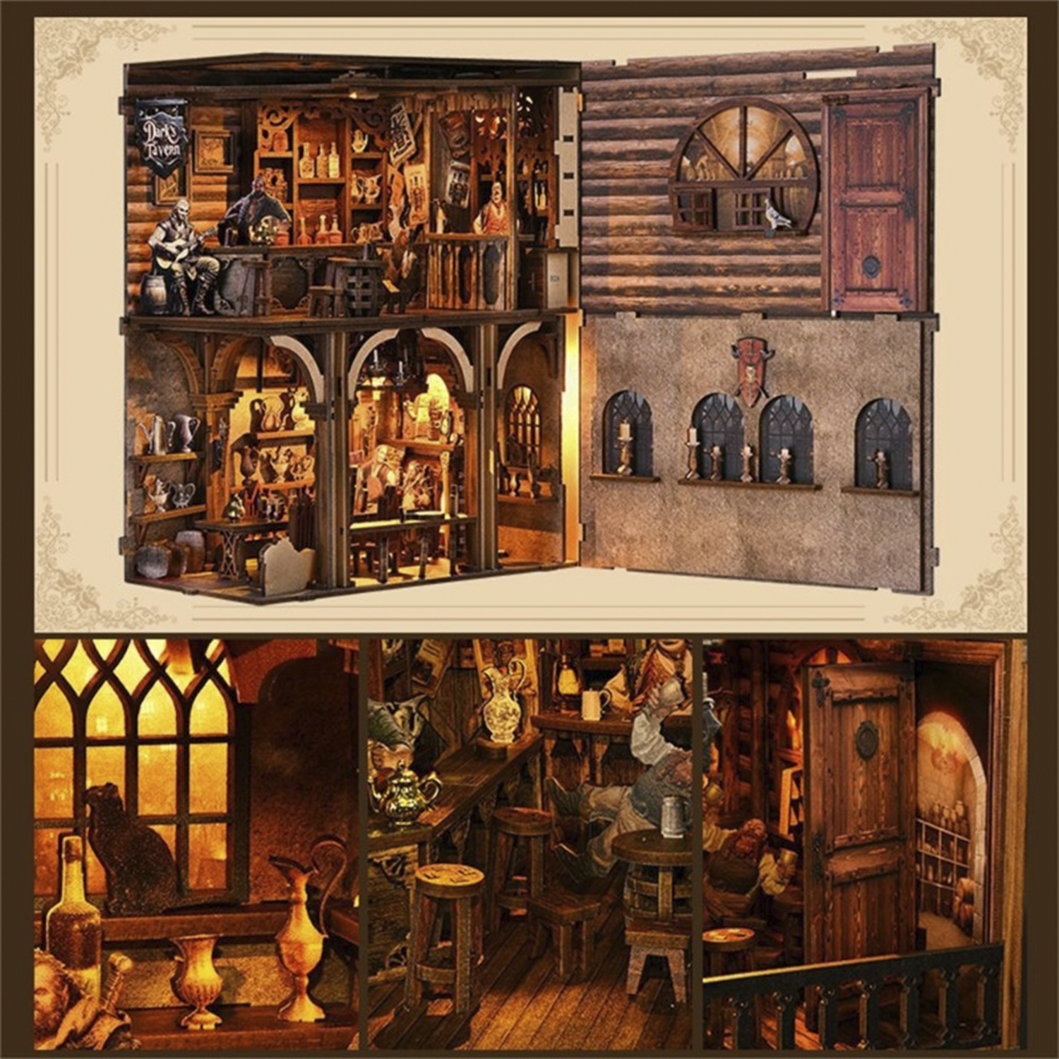 Una taverna in miniatura dettagliata con figure, bar e posti a sedere. Dettagli intricati.
