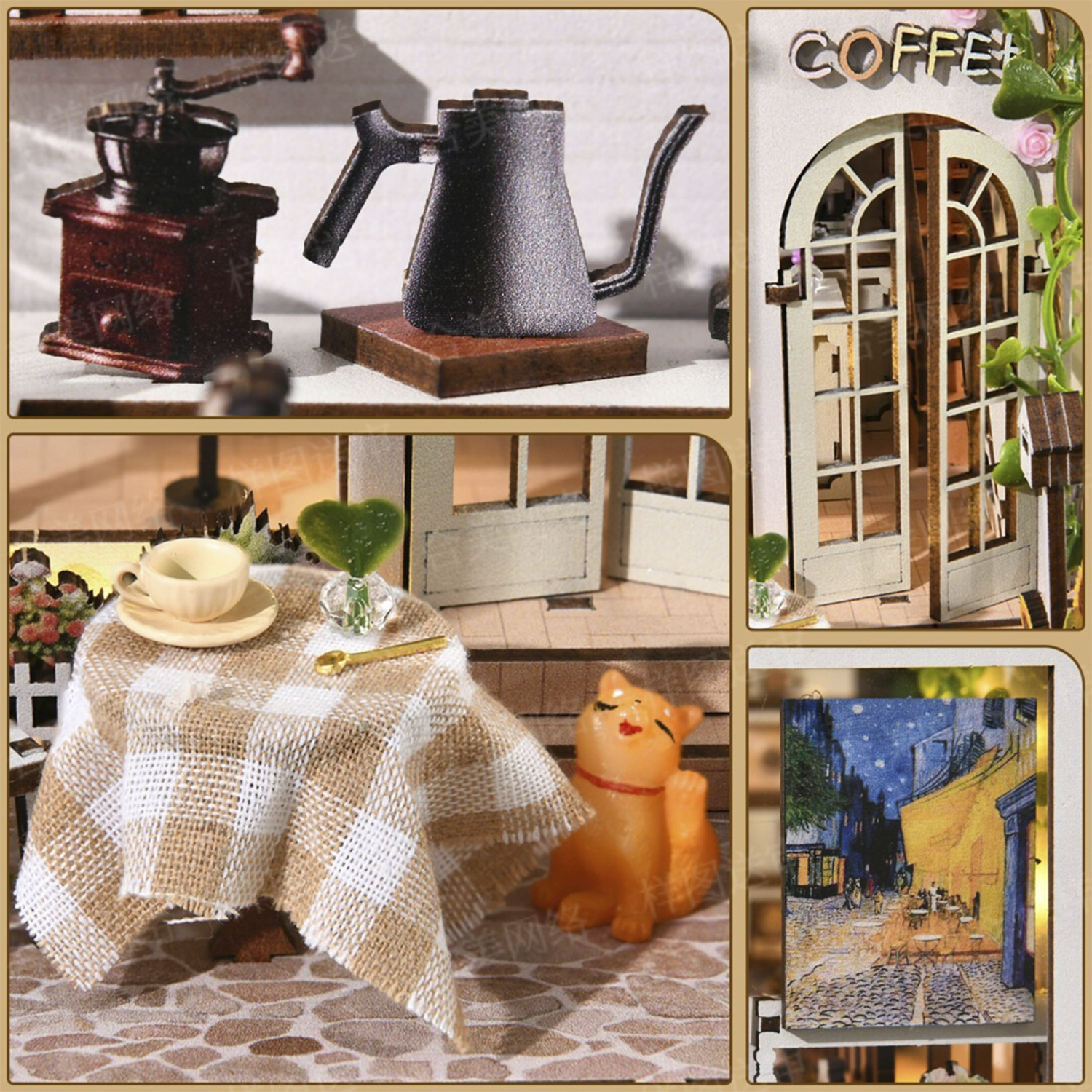 Scena in miniatura di caffetteria con macina caffè, teiera, tavolo, gatto e quadro.