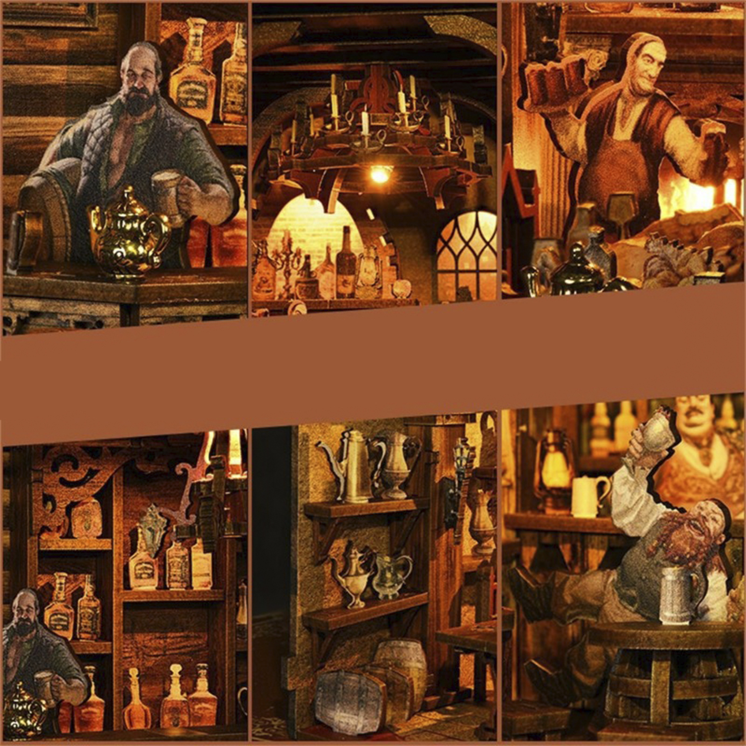 Scena di taverna in miniatura con uomini che bevono e servono.