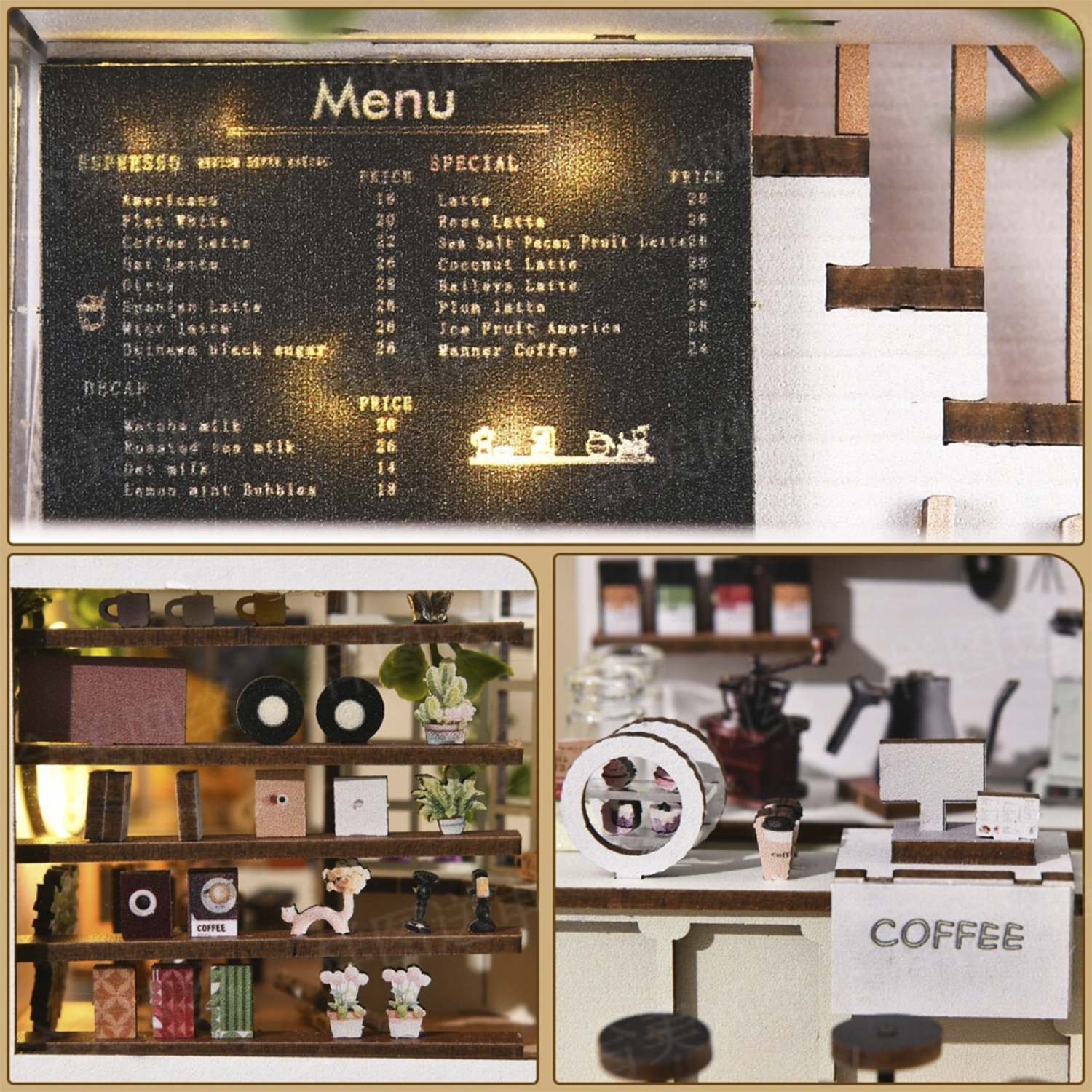 Un caffè in miniatura con lavagna del menu, scaffale e bancone.