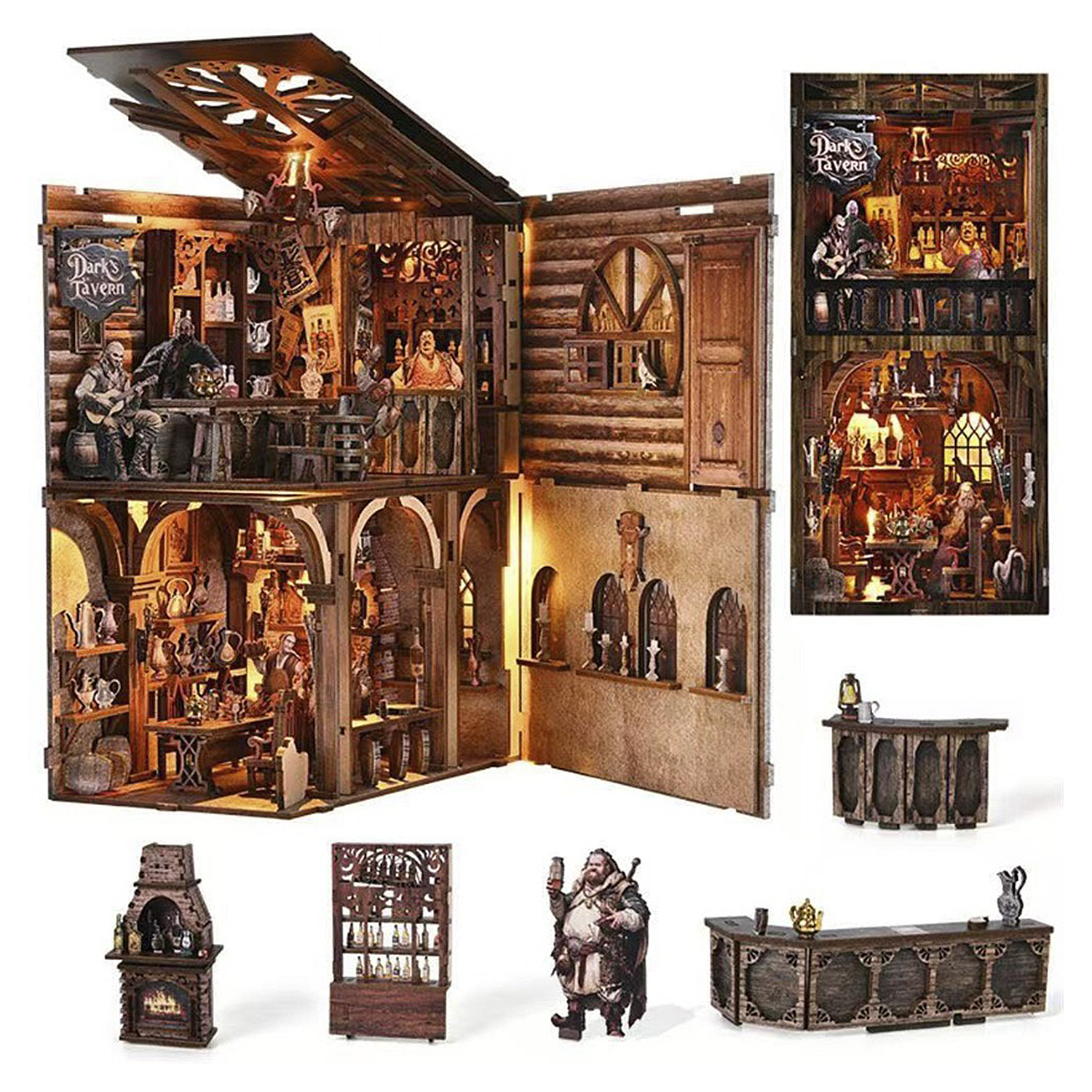 Una taverna in miniatura a più livelli con figure, mobili e decorazioni.