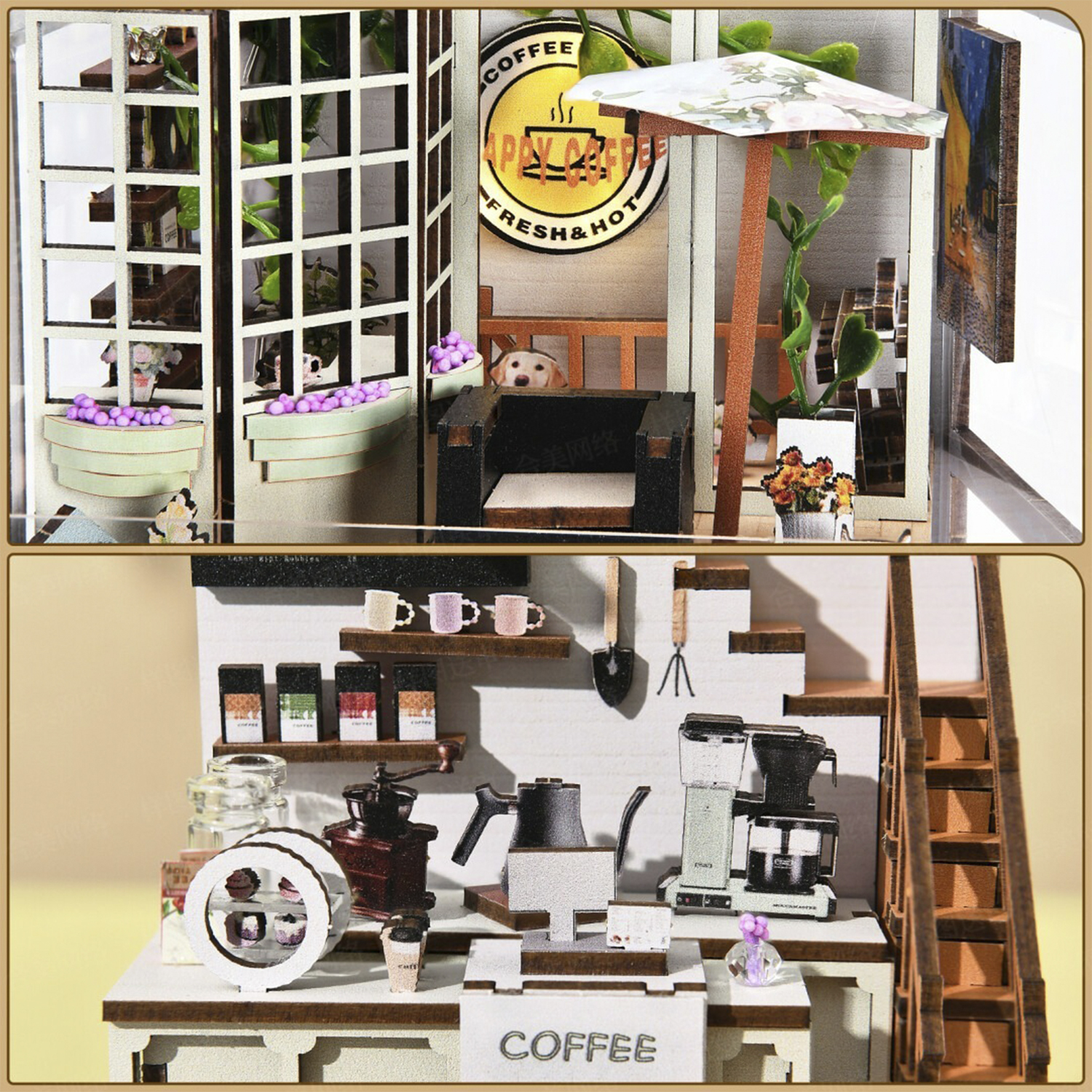 Min Caffetteria con tavoli, sedie, macchina da caffè e scale.