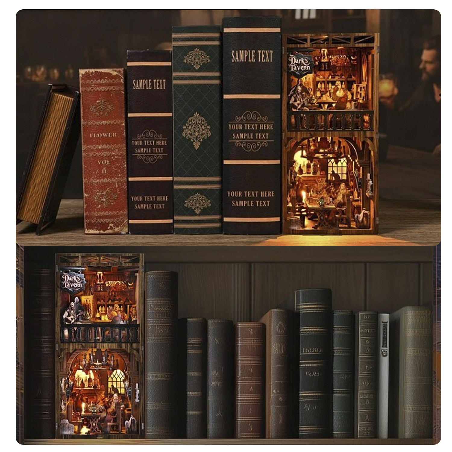 Scaffale con libri antichi e un diorama di taverna in miniatura.