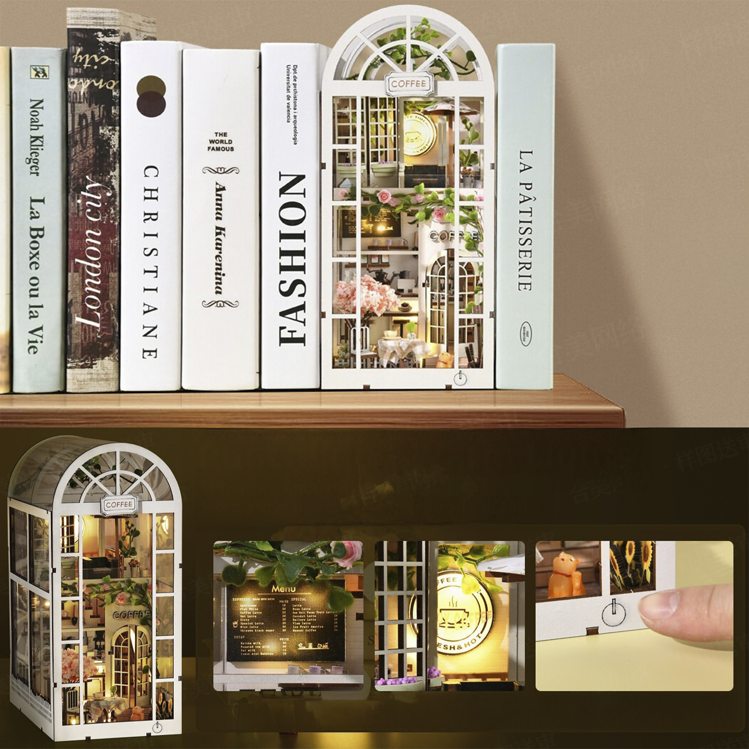 Un modello di caffè in miniatura accanto a libri su uno scaffale.