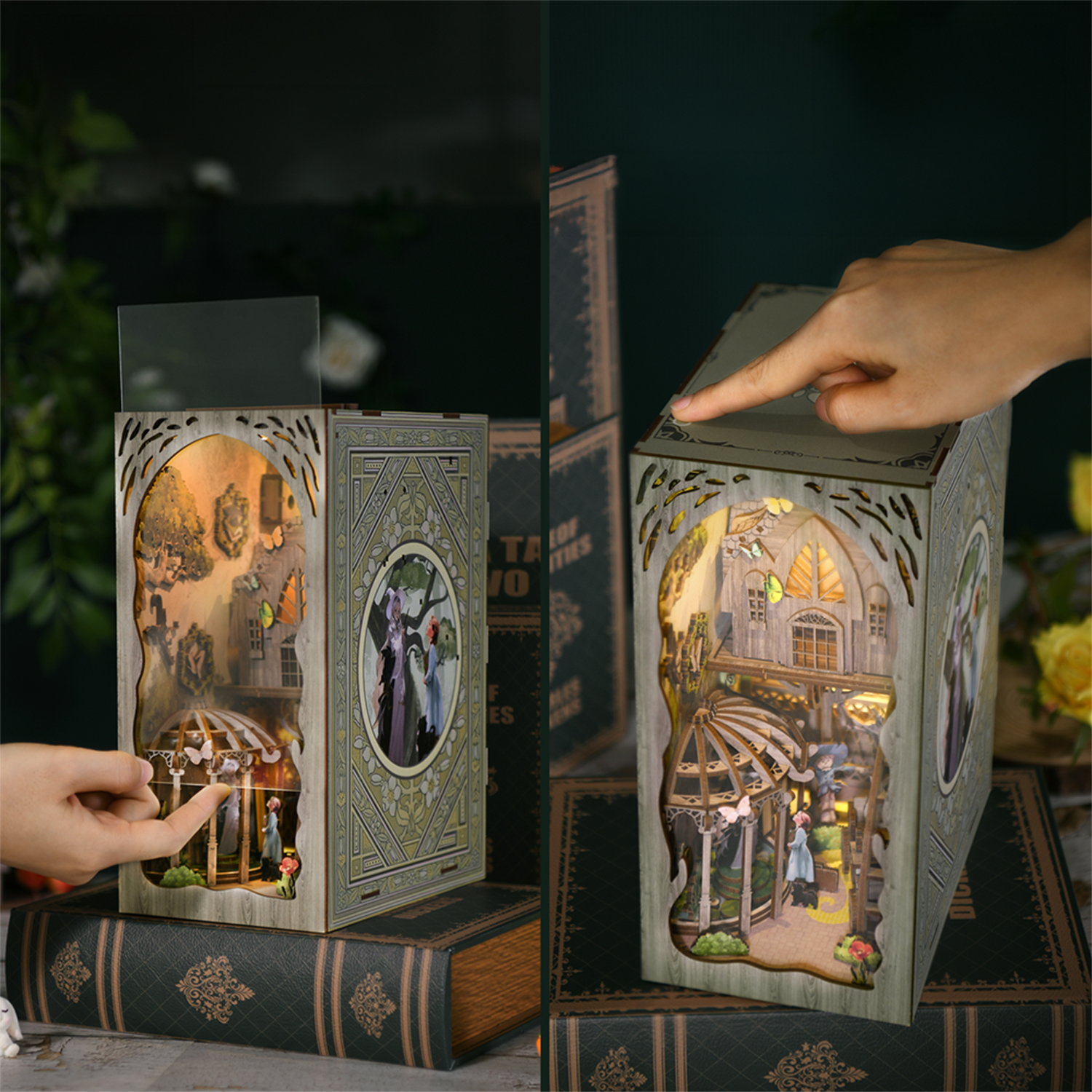 Un dettagliato diorama in legno di una biblioteca con luci e figure.