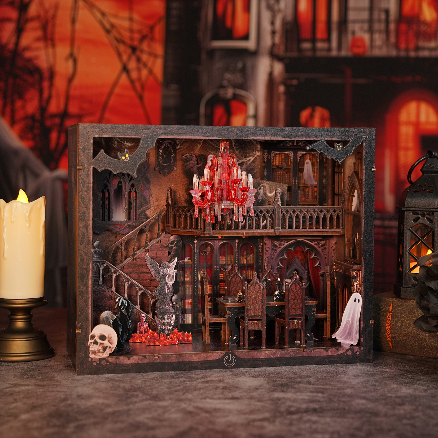 Un diorama spettrale con scheletro, teschio e fantasmi.