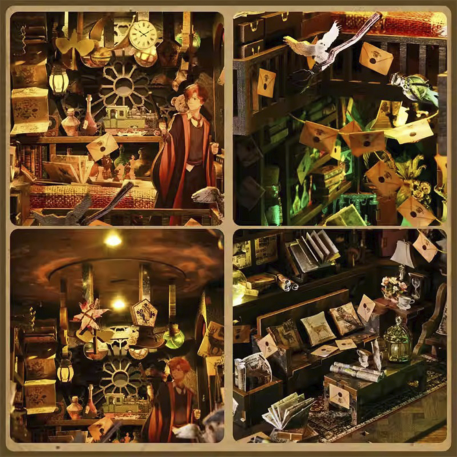 Scena a tema Harry Potter: Ragazzo con veste, libri, lettere, gufo, orologio, bottiglie.