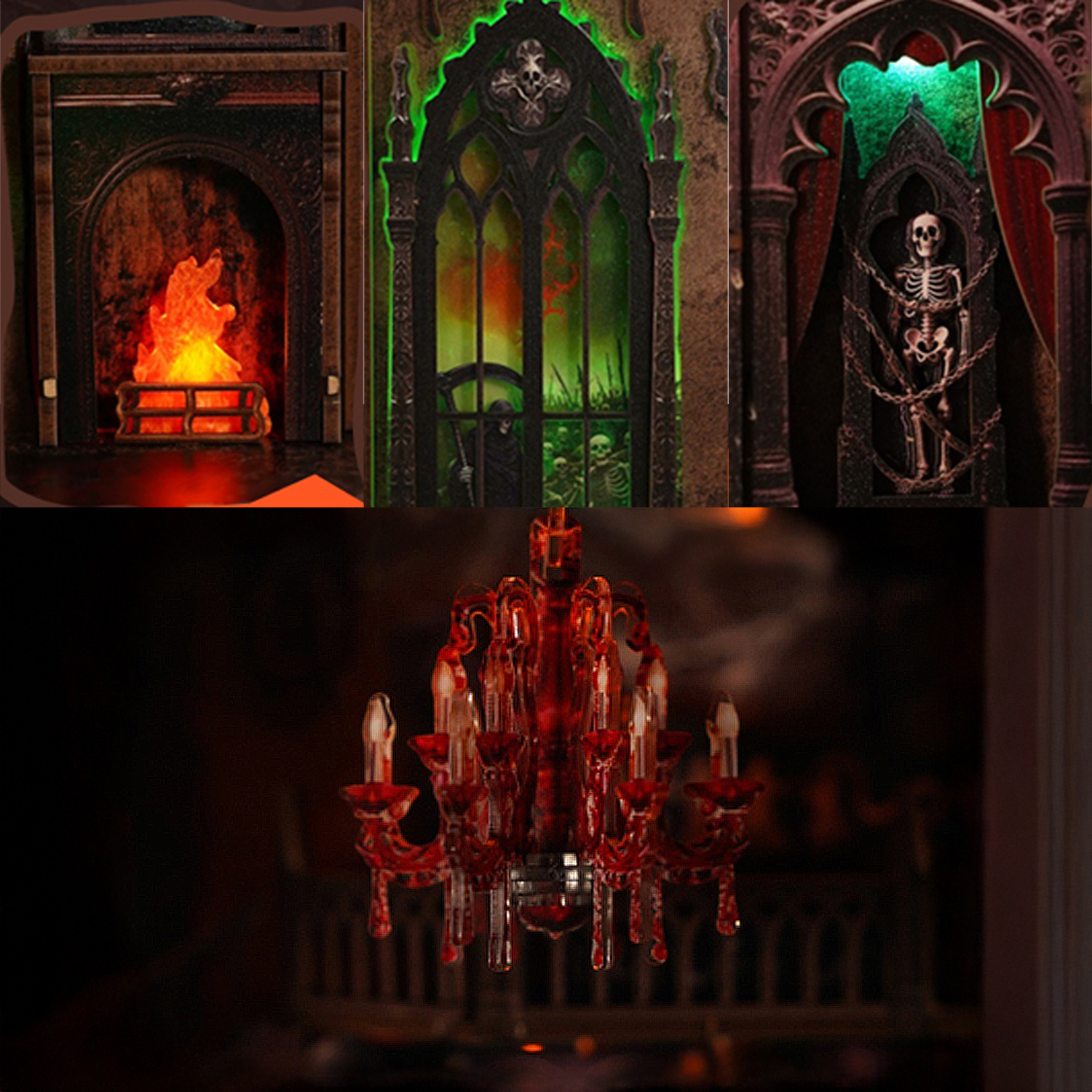 Decorazioni di Halloween: camino, scheletri e lampadario rosso.