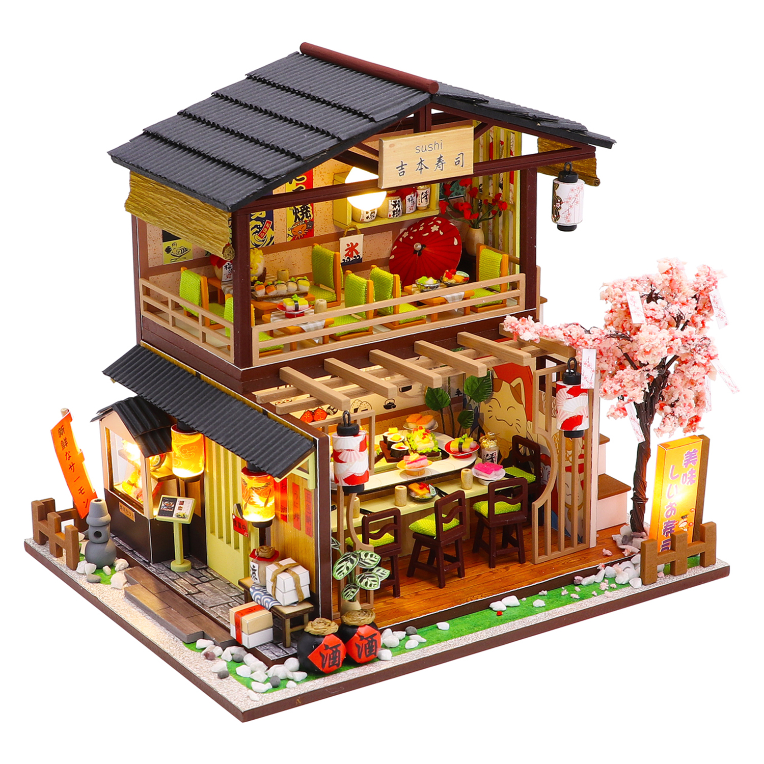 Ristorante di sushi giapponese in miniatura a due piani, fiori di ciliegio e esterno dettagliato.