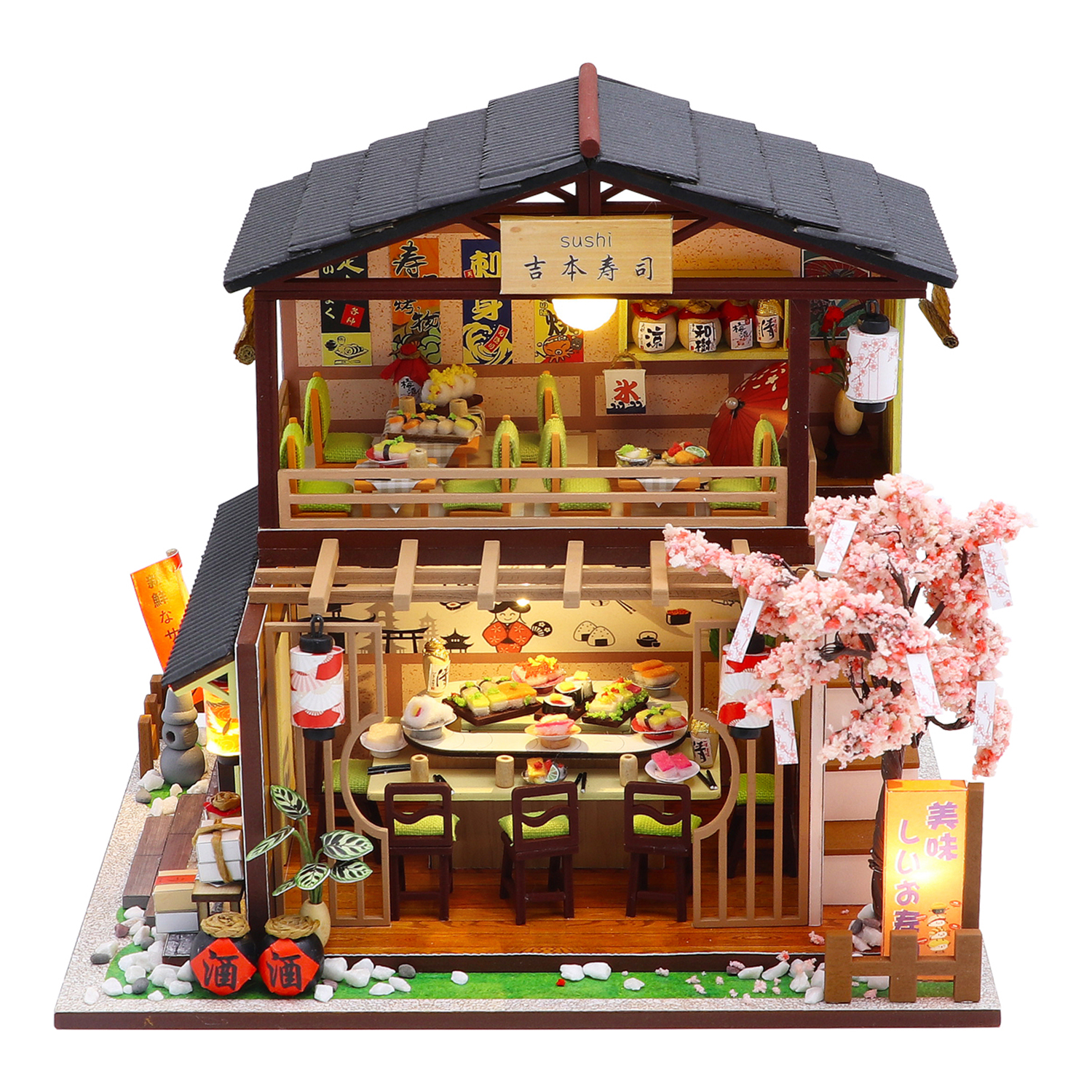 Ristorante di sushi in miniatura a due piani, con ciliegio e insegne.