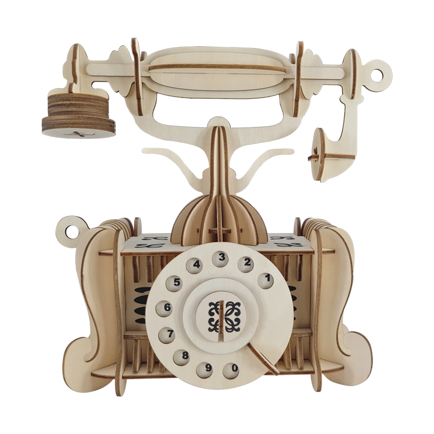 Un modello in legno di un telefono antico con disco combinatore.