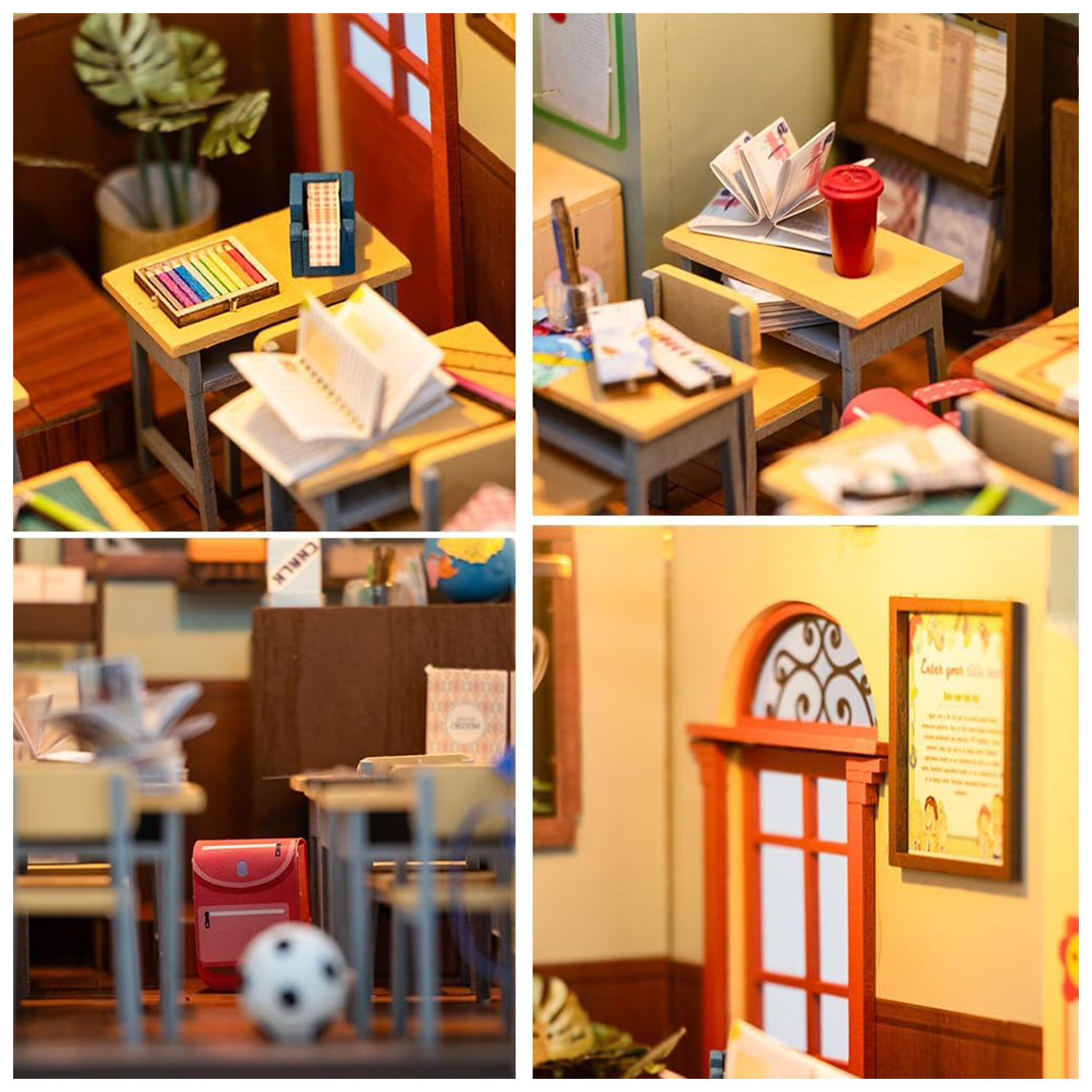 Scena di aula in miniatura con banchi, libri, matite e uno zaino rosso.