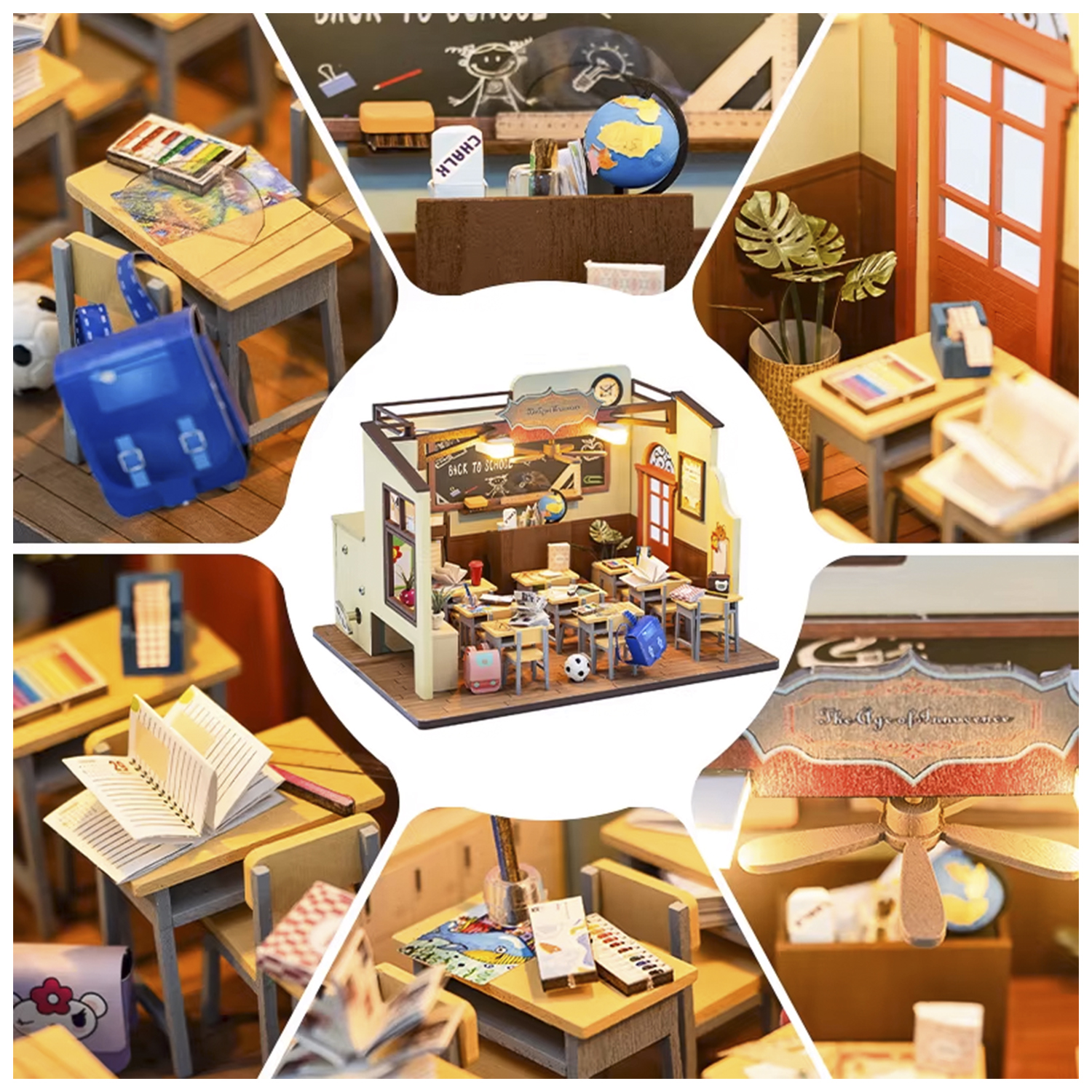 Ambientazione in miniatura di un'aula con scrivanie, sedie, lavagna e materiale scolastico.