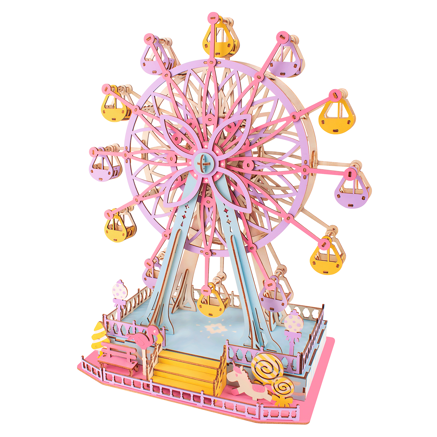 Un modello di ruota panoramica rosa e viola con gondole gialle e rosa su sfondo bianco.