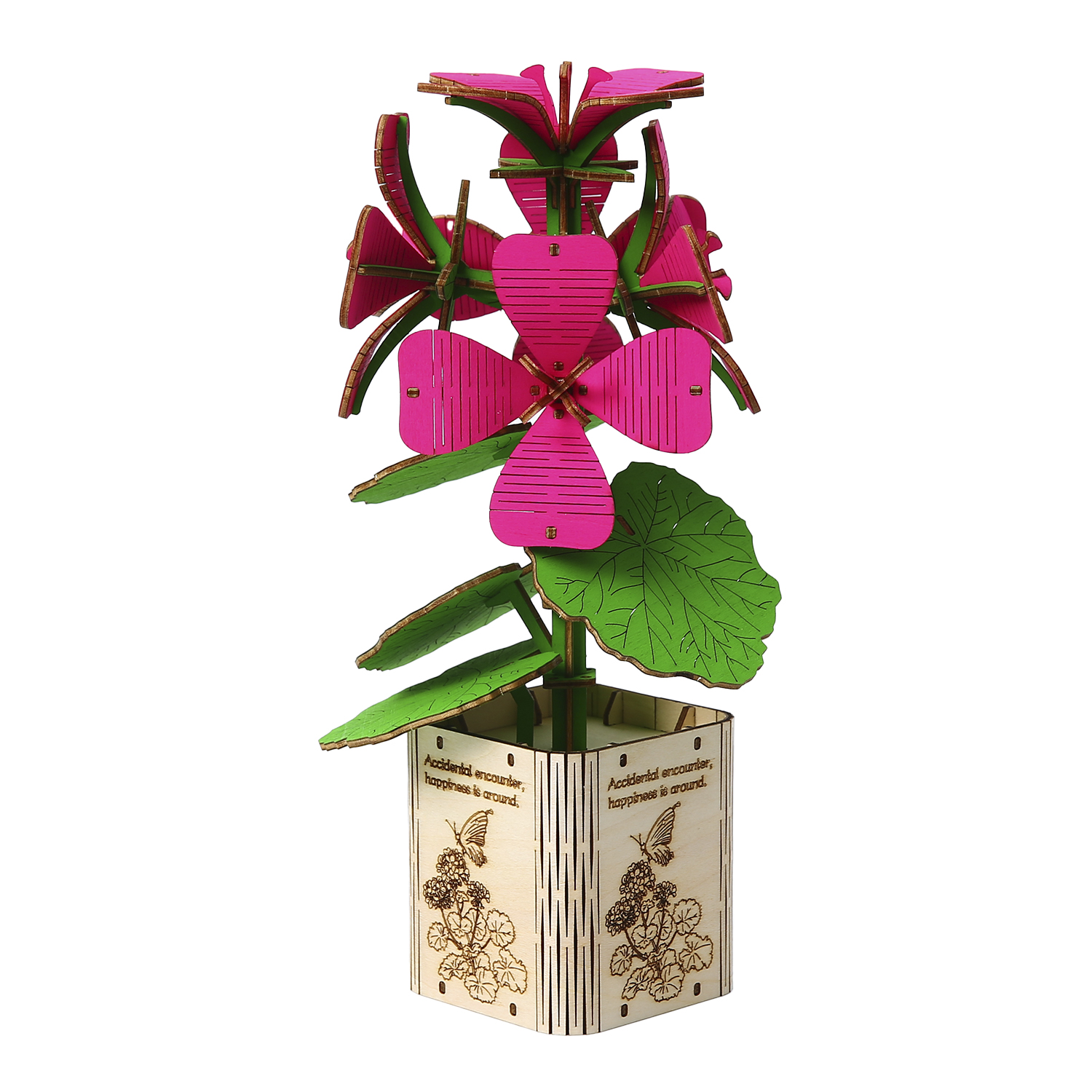 Modello in legno di una pianta con fiori rosa e foglie verdi.