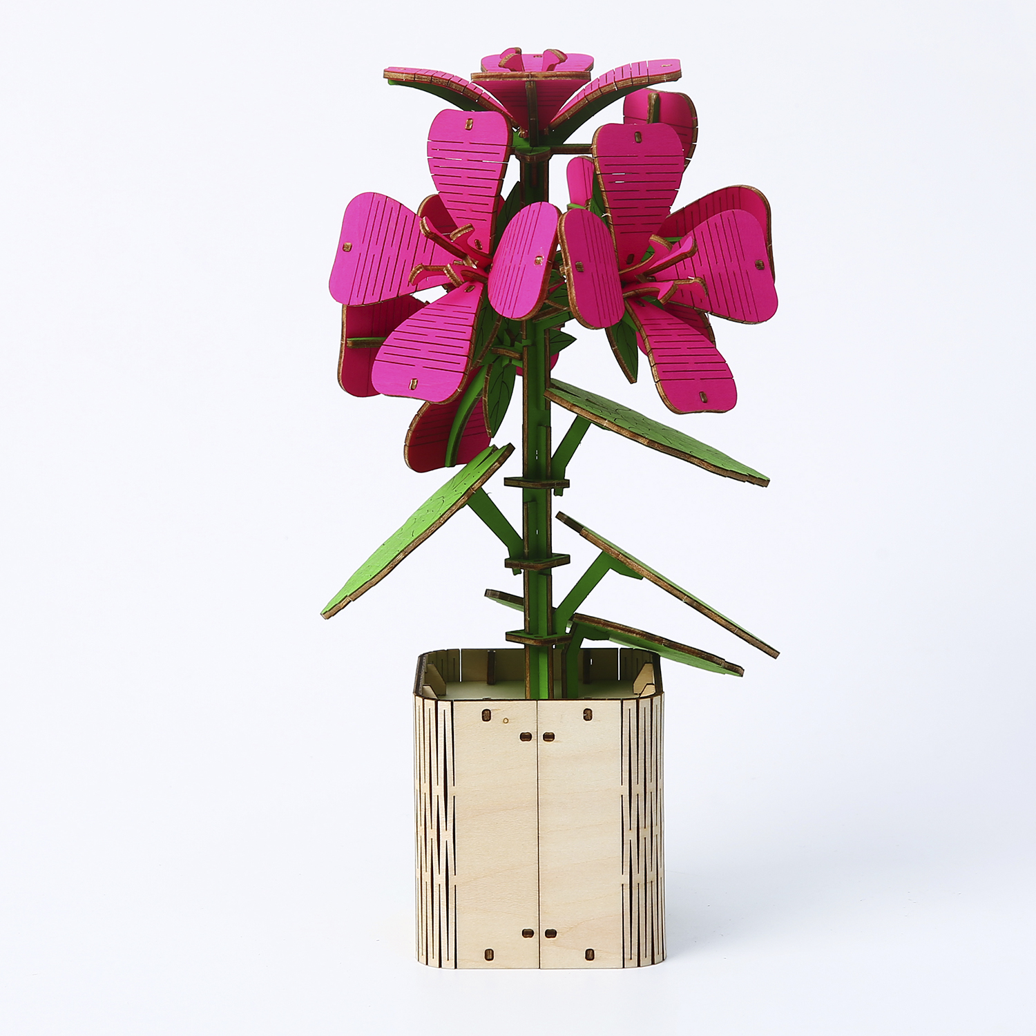 Modello in legno di fiore rosa con foglie verdi in vaso di legno.
