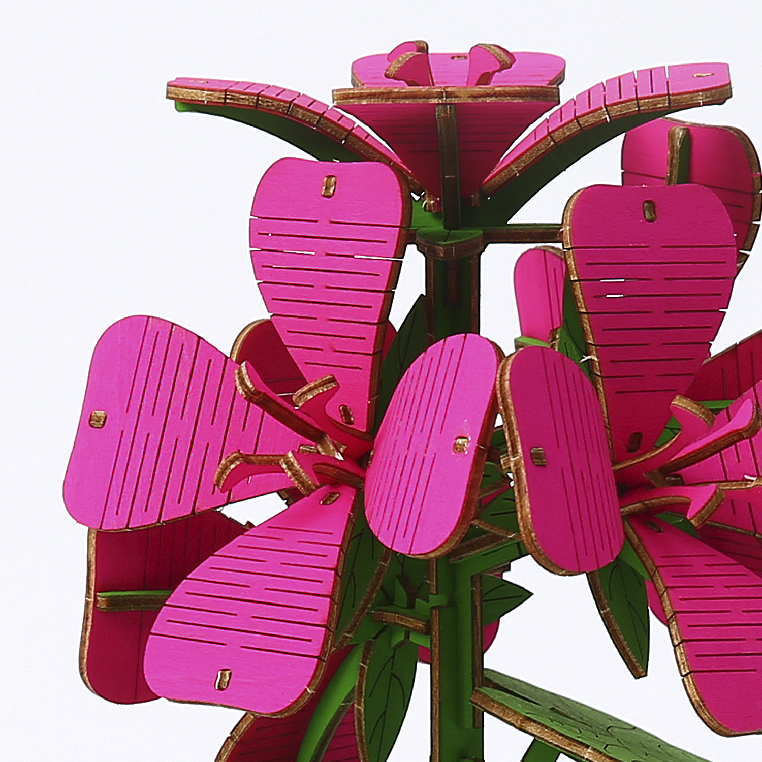 Un modello di fiore in legno rosa con foglie verdi e bordi dorati.