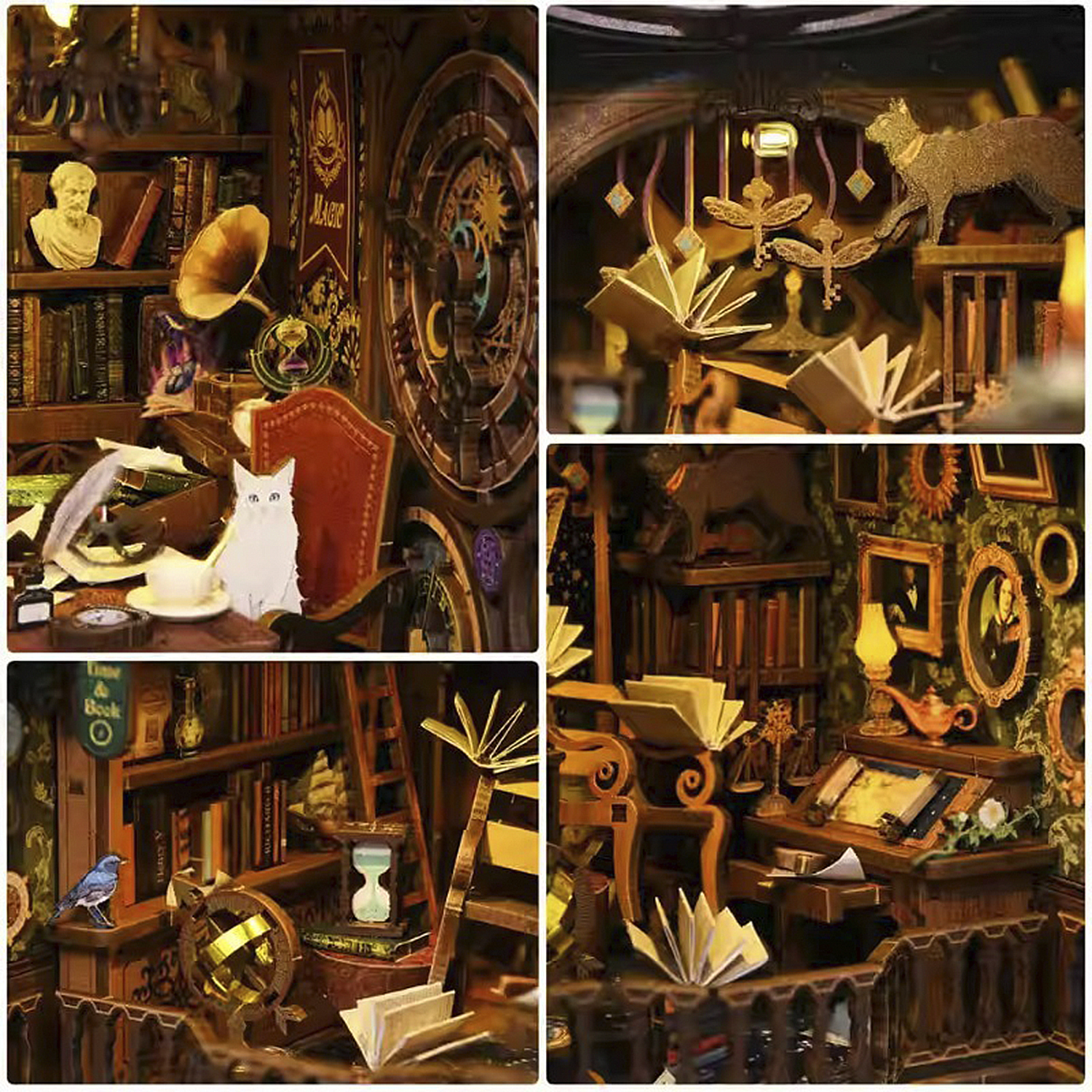 Scaffali in miniatura dettagliati con libri, un grammofono, un gatto e decorazioni.