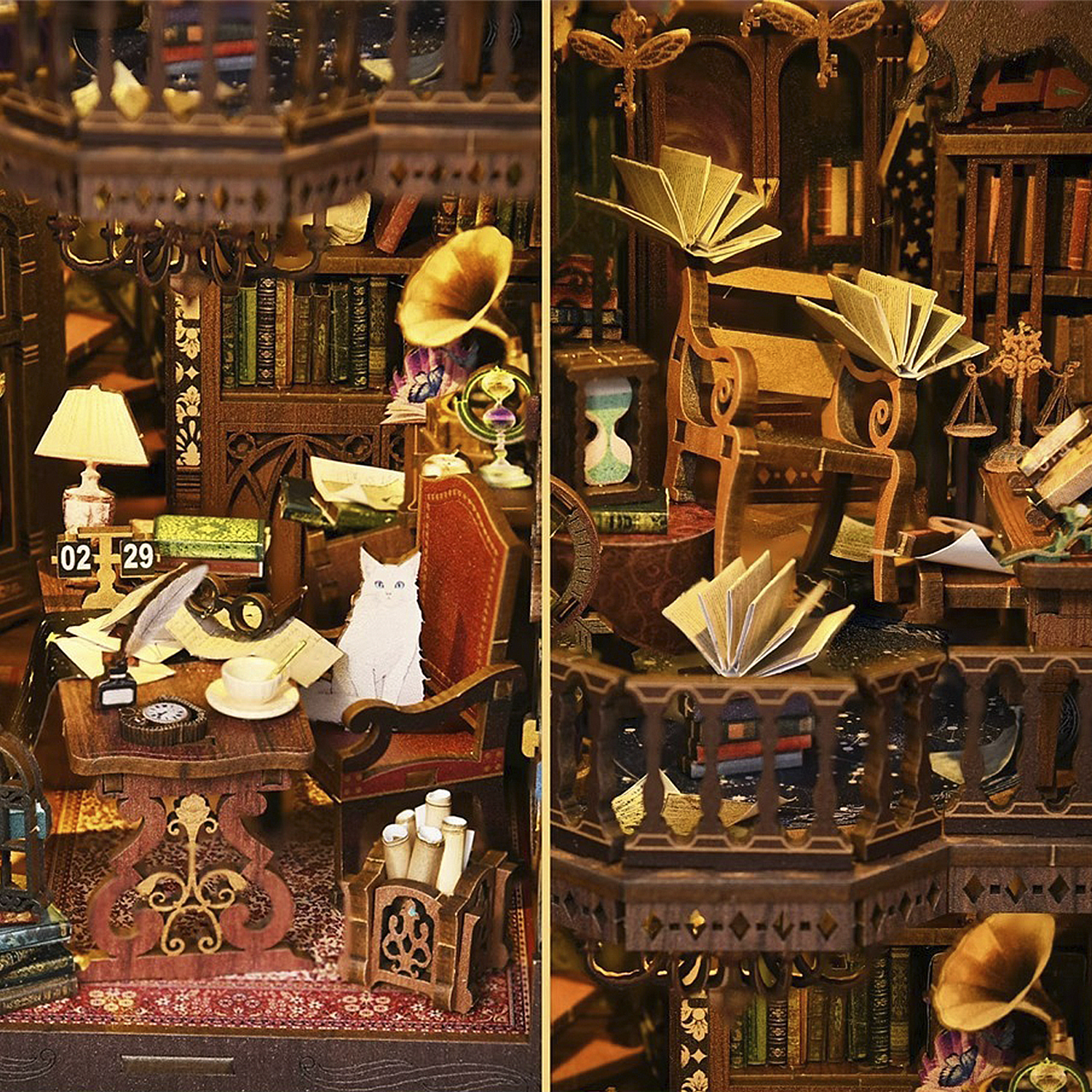 Modello di biblioteca in miniatura con libri, mobili e un gatto.