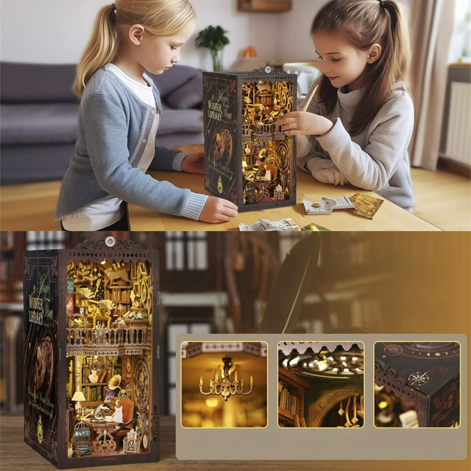 Due bambine assemblano una biblioteca in miniatura illuminata di legno. Interno dettagliato.