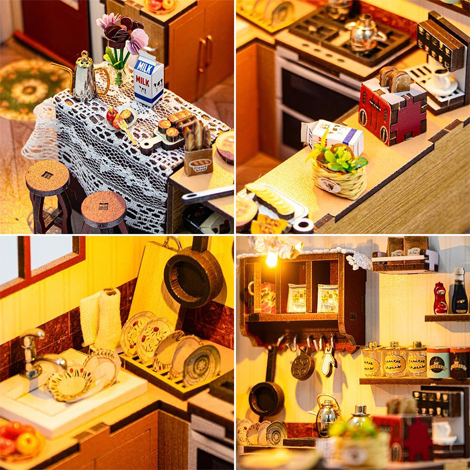 Una scena di cucina in miniatura con tavolo, sedie, lavello, fornello e mensole.