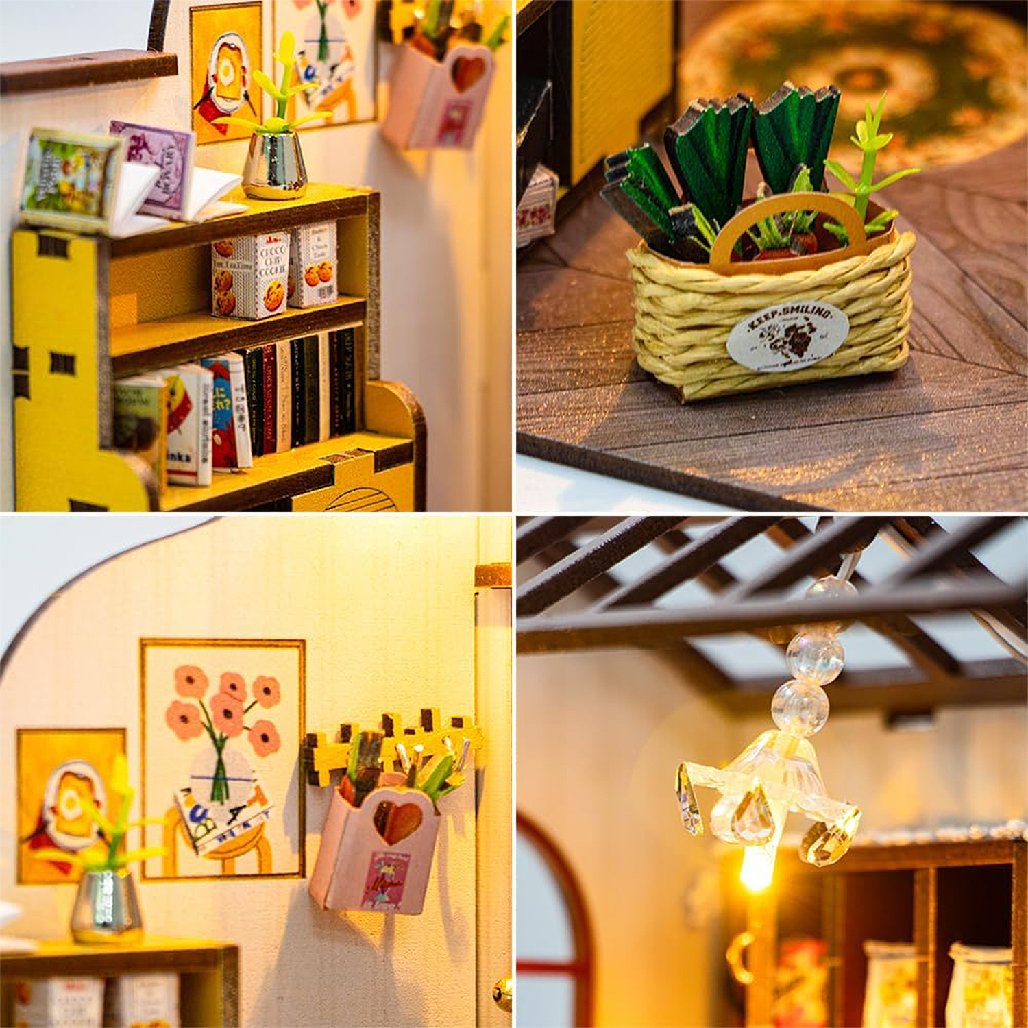Scaffale miniatura con libri e decorazioni. Cesto mini con piante. Arte e lampada.