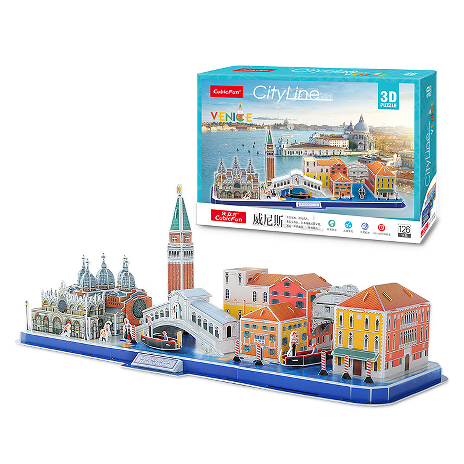 Puzzle 3D di Venezia con monumenti come il Ponte di Rialto e il Palazzo Ducale.