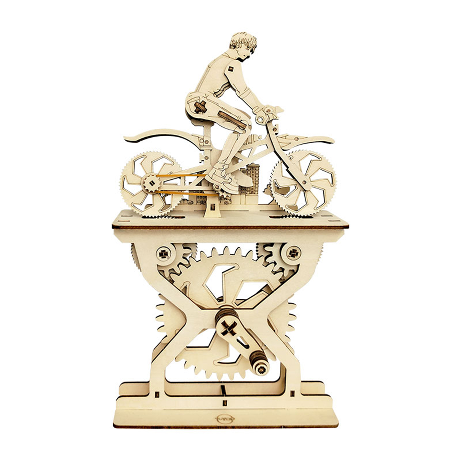 Un modello in legno di un motociclista con ingranaggi sotto.