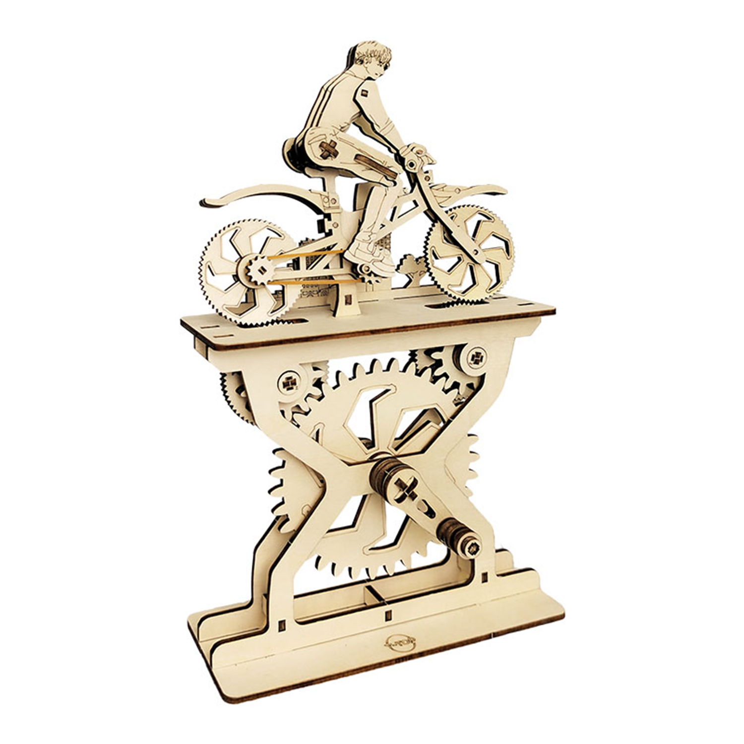 Modello in legno di un uomo su una motocicletta con ingranaggi e base.