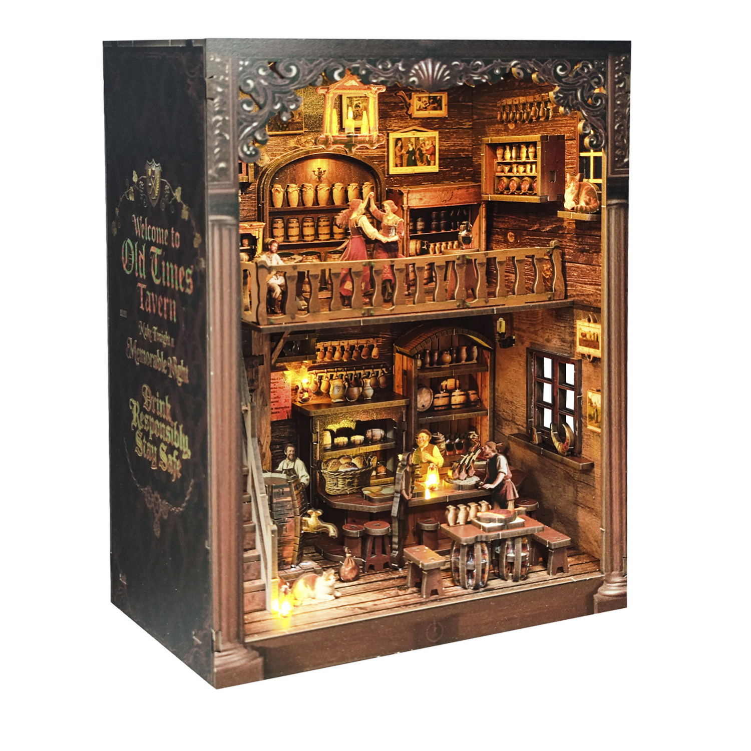 Taverna in miniatura a due livelli, con figure illuminate e botti.