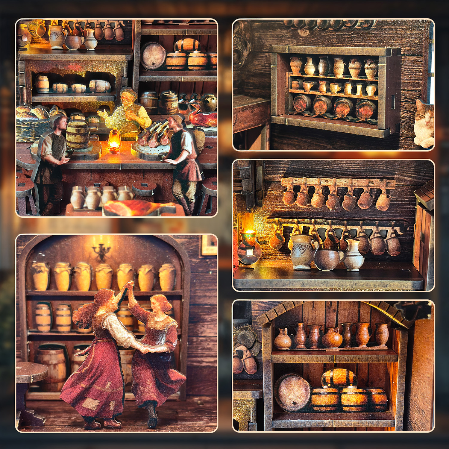 Scena in miniatura di taverna medievale con figure, botti e brocche.