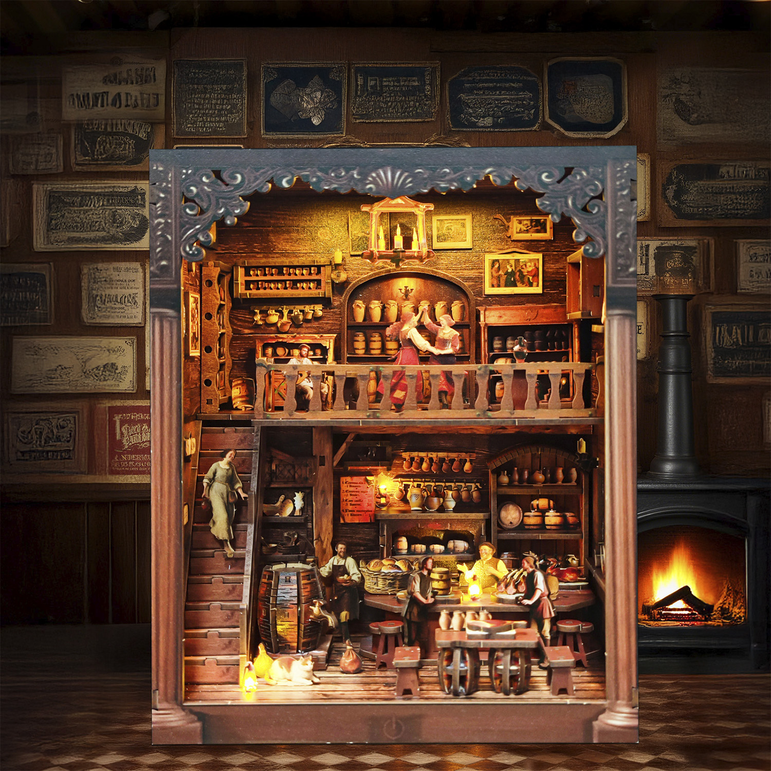 Scena di taverna in miniatura con persone, un bar, un camino e luce di candela.
