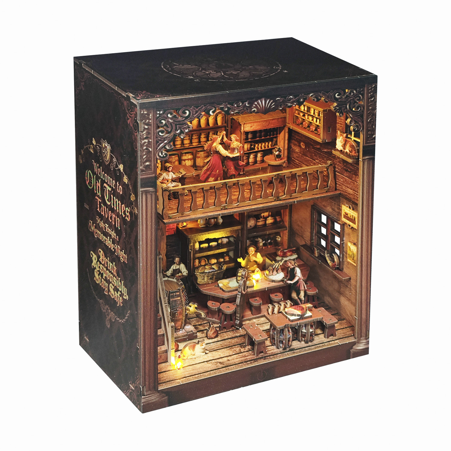 Scena di taverna in miniatura con figure, botti e mobili, illuminata.