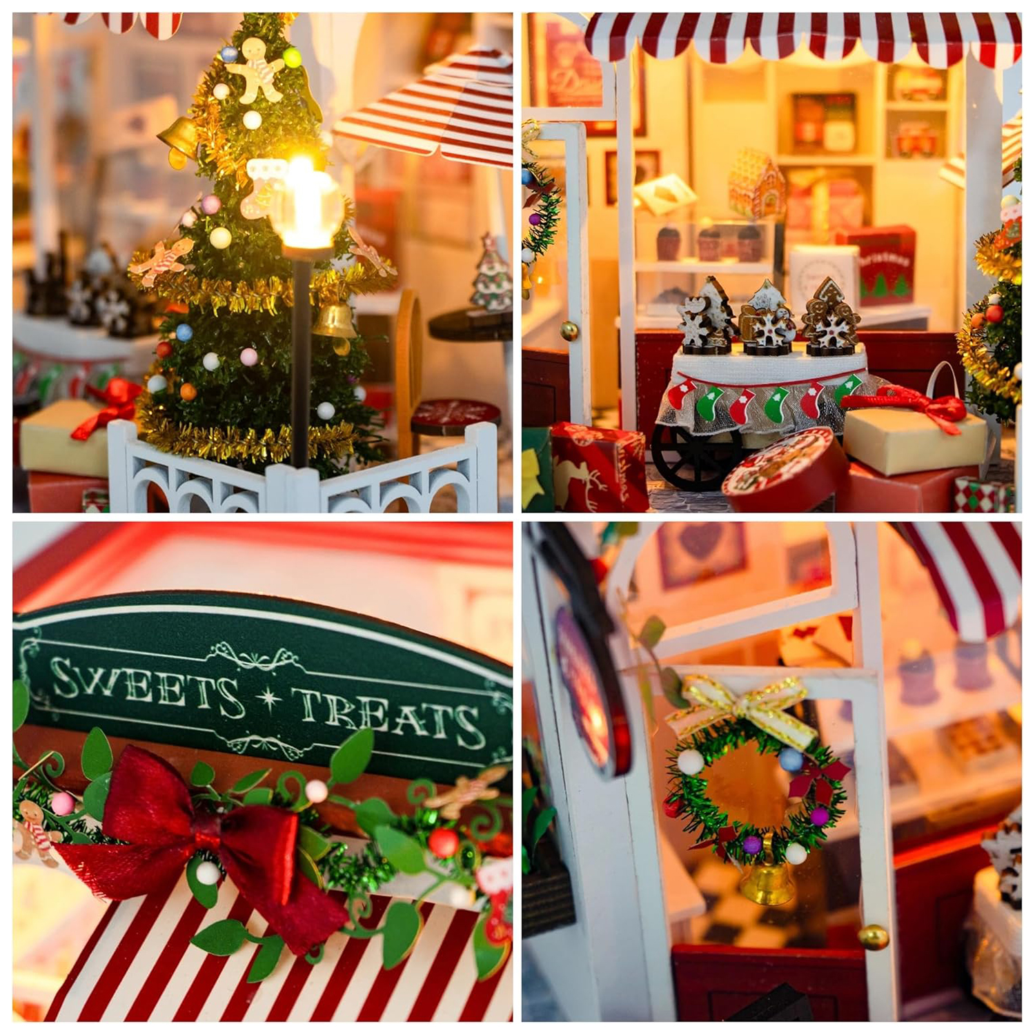 Scena in miniatura di villaggio natalizio: albero, negozio, regali e decorazioni.
